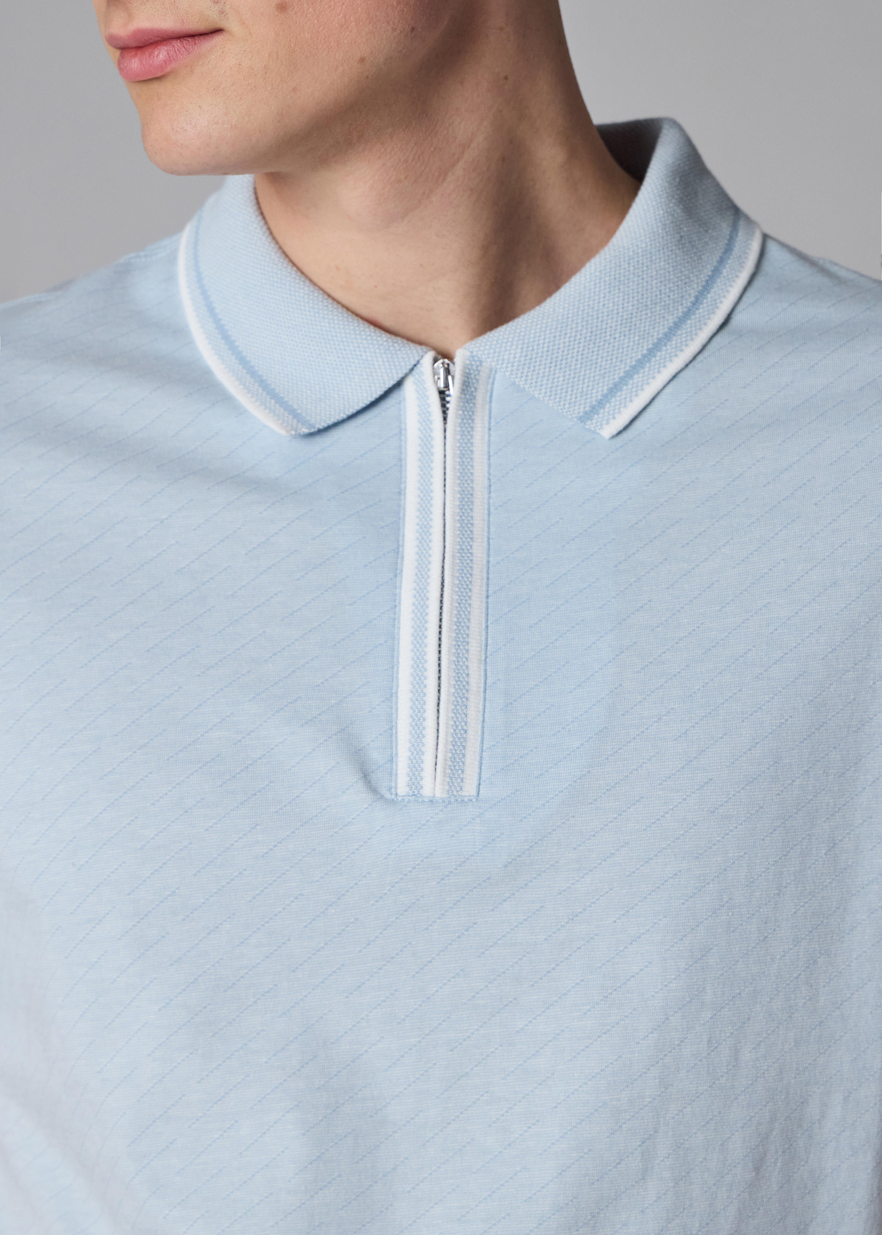 Pale Blue Jacquard Zip-Neck Polo Shirt