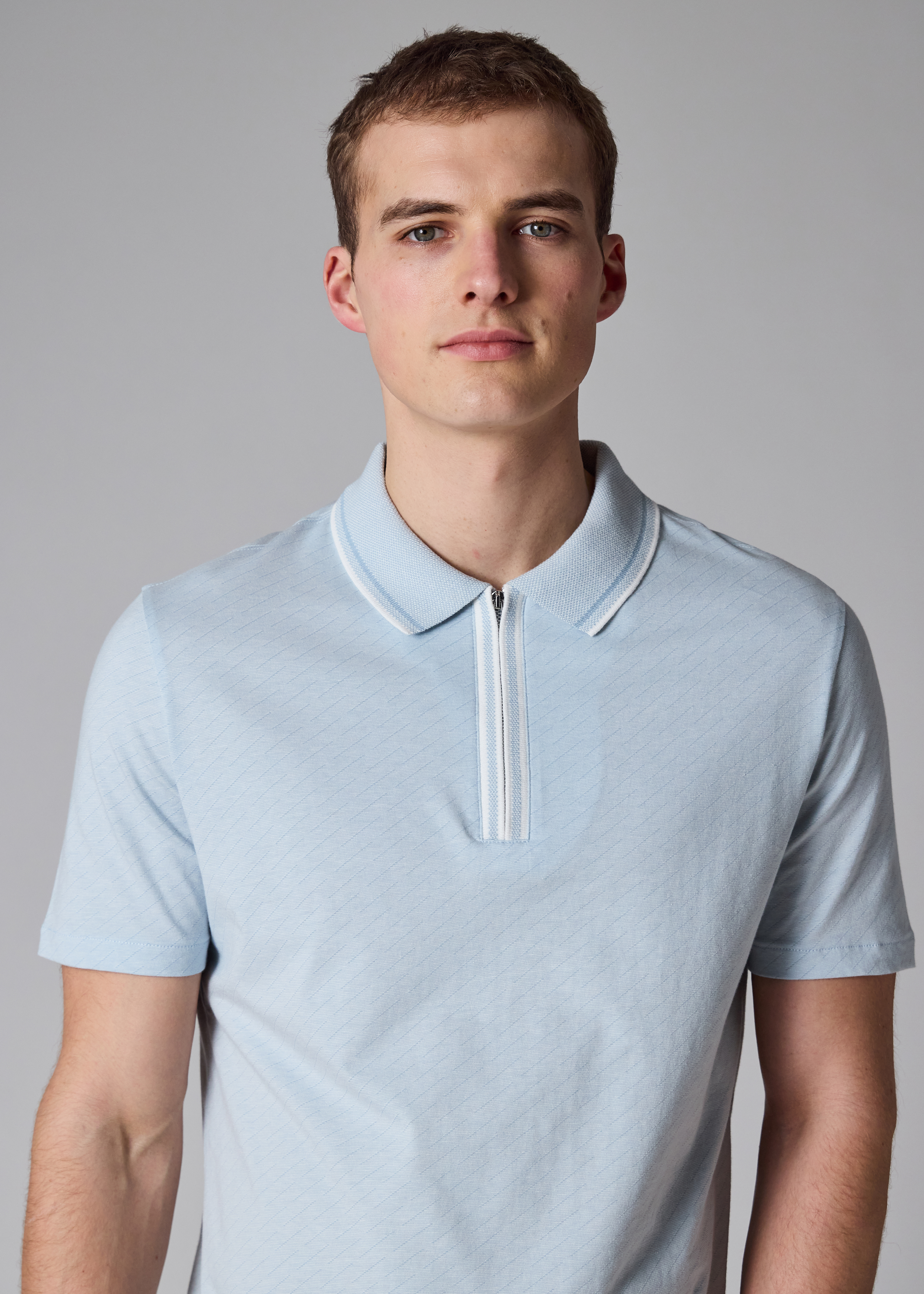 Pale Blue Jacquard Zip-Neck Polo Shirt