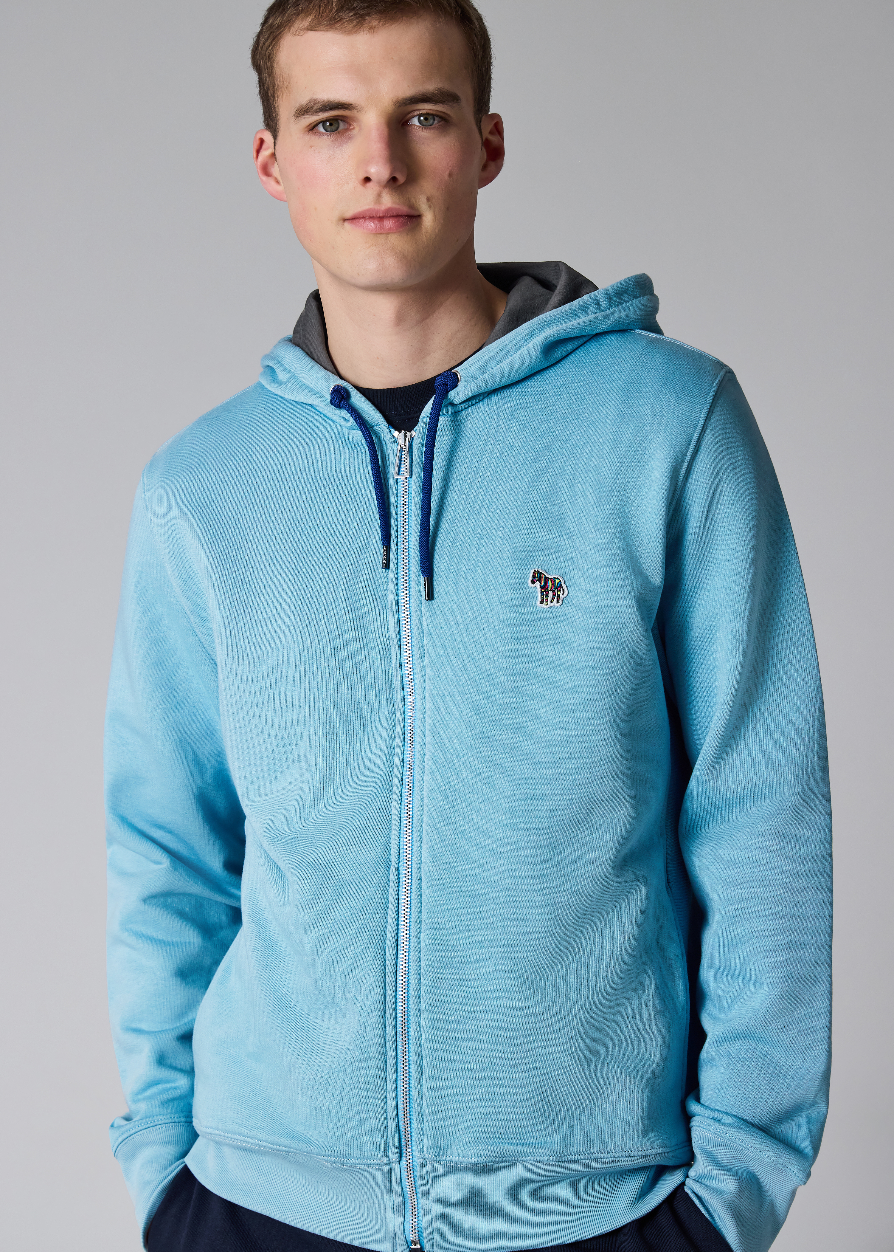 Sky Blue Cotton Zip-Front Zebra Logo Hoodie