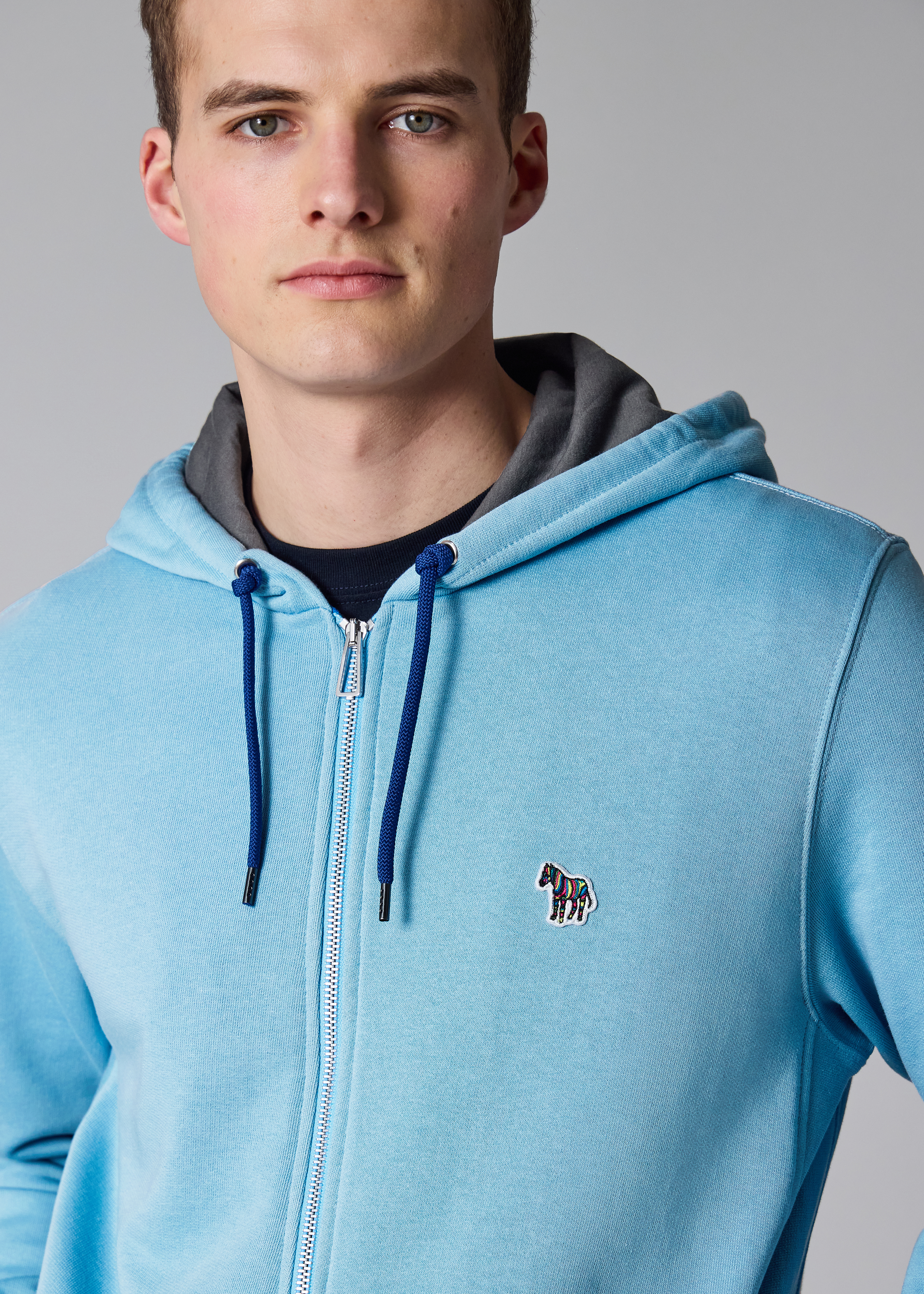Sky Blue Cotton Zip-Front Zebra Logo Hoodie