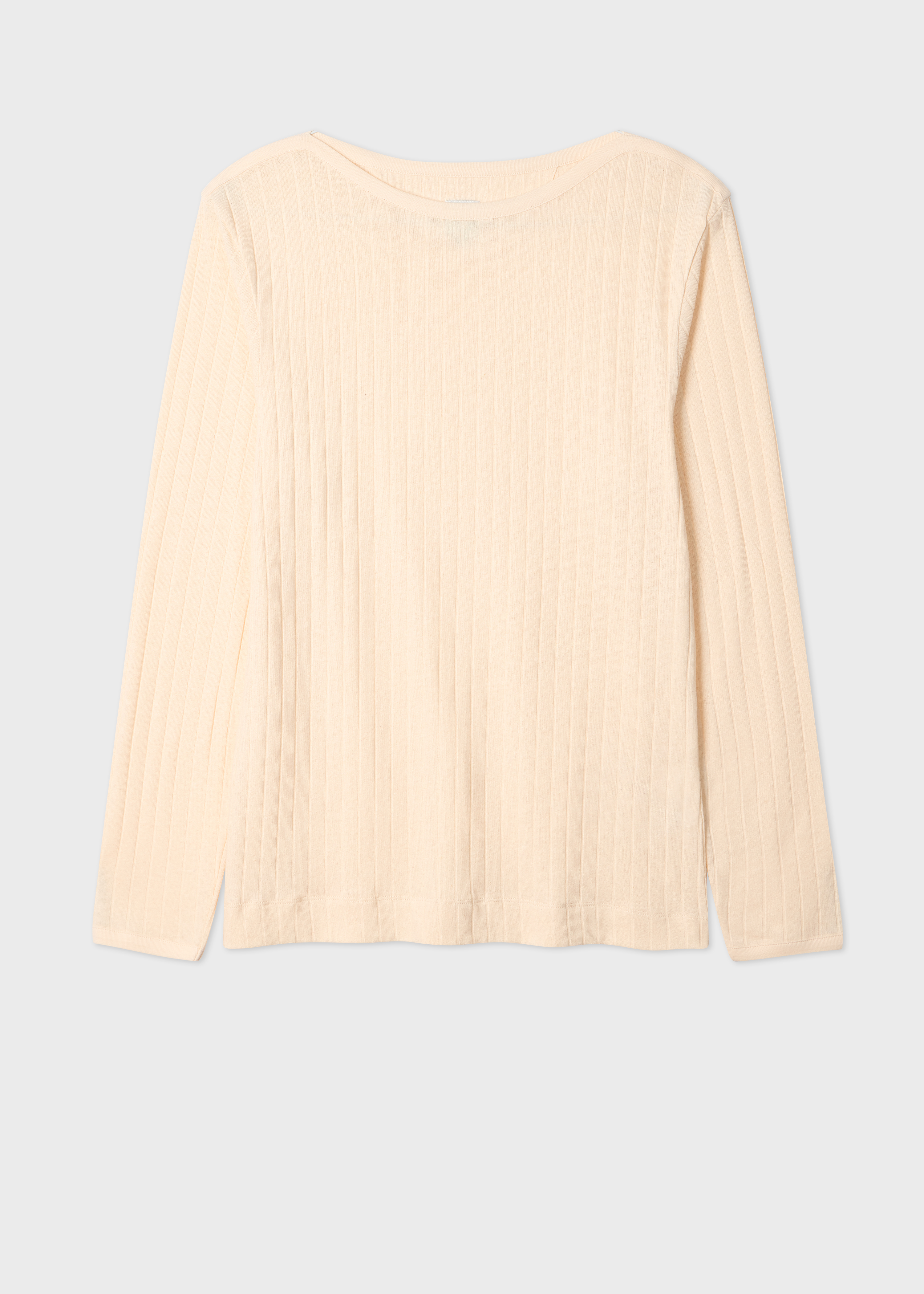 Ecru Cotton-Linen Boat Neck Long-Sleeve T-Shirt