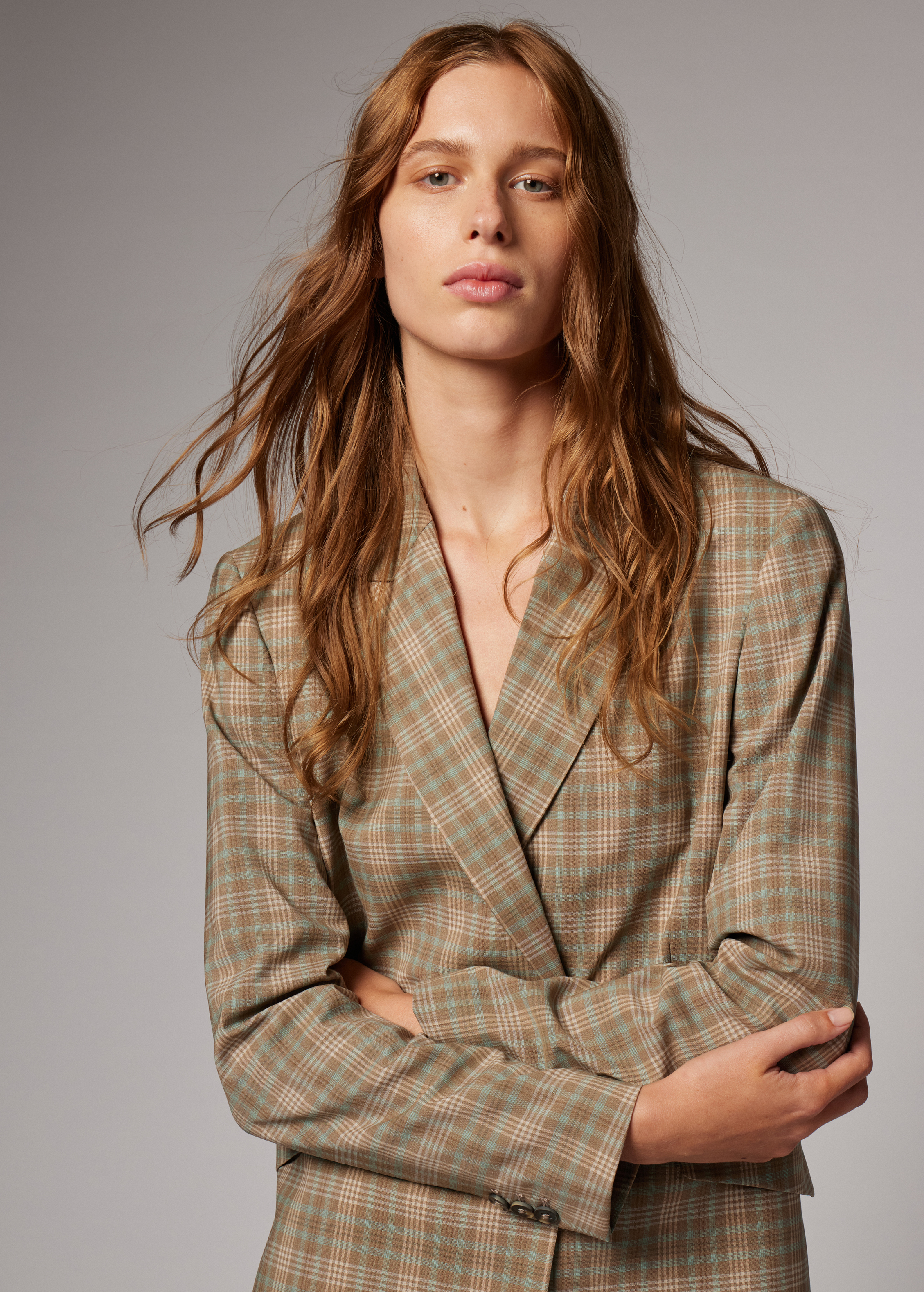 Women's Cream and Blue Check Double-Breasted Blazer