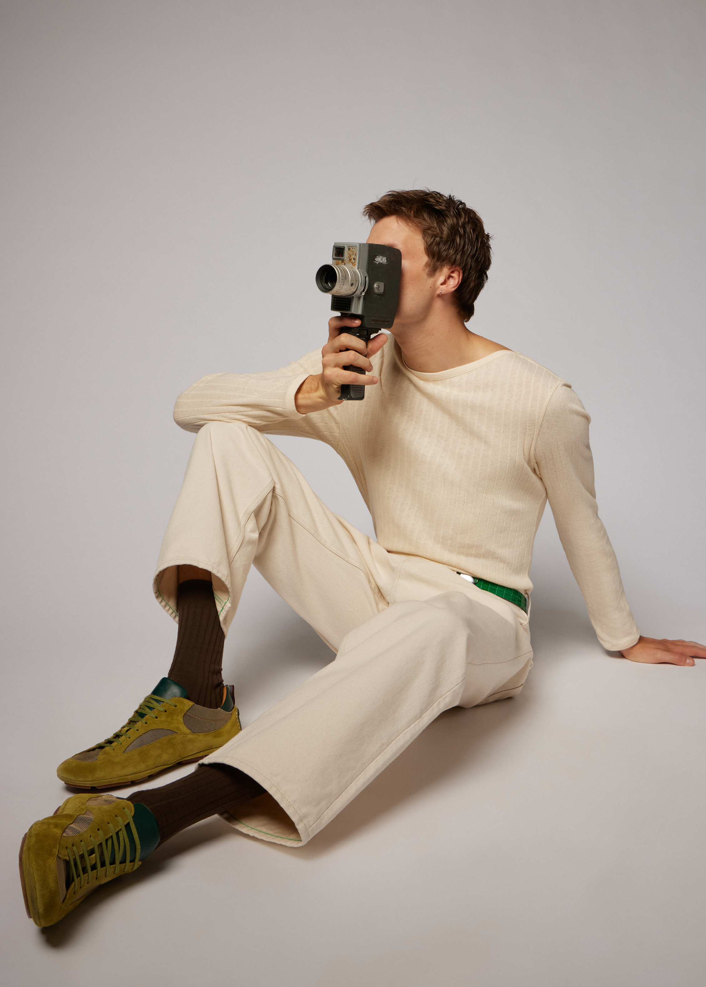 Ecru Cotton-Linen Boat Neck Long-Sleeve T-Shirt