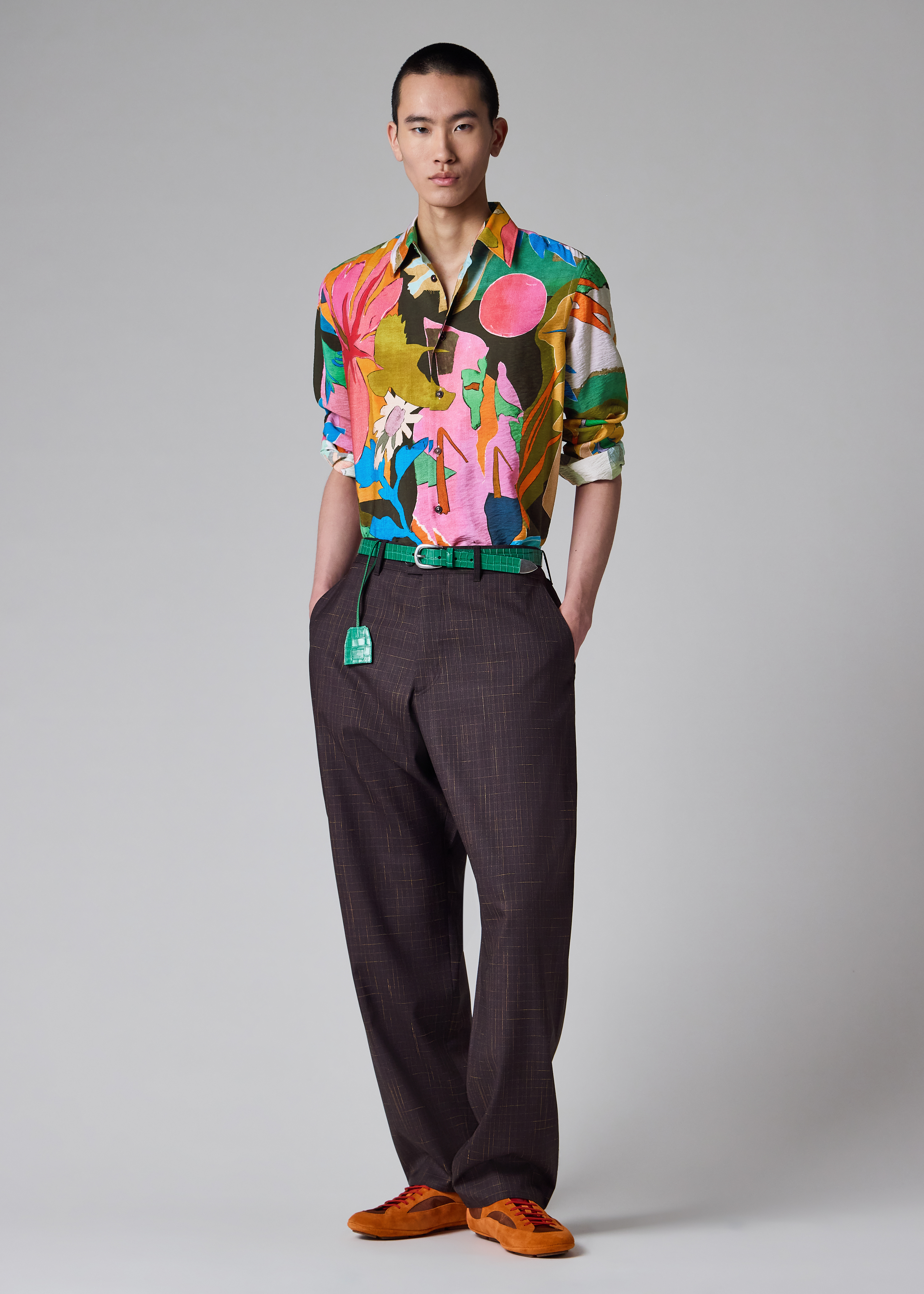 Relaxed-Fit Aubergine Wool Check Trousers
