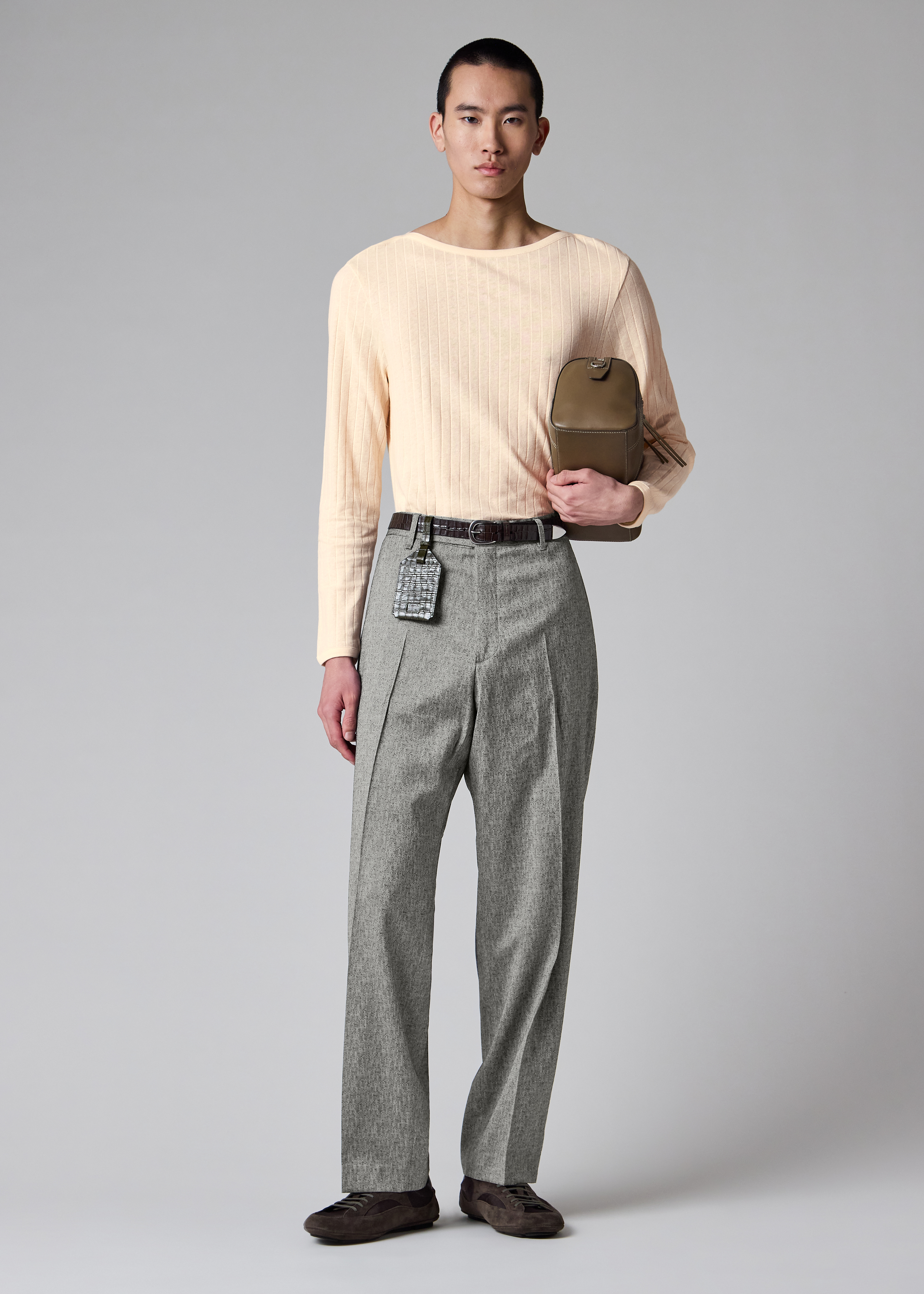 Relaxed-Fit Grey Wool Jacquard Trousers