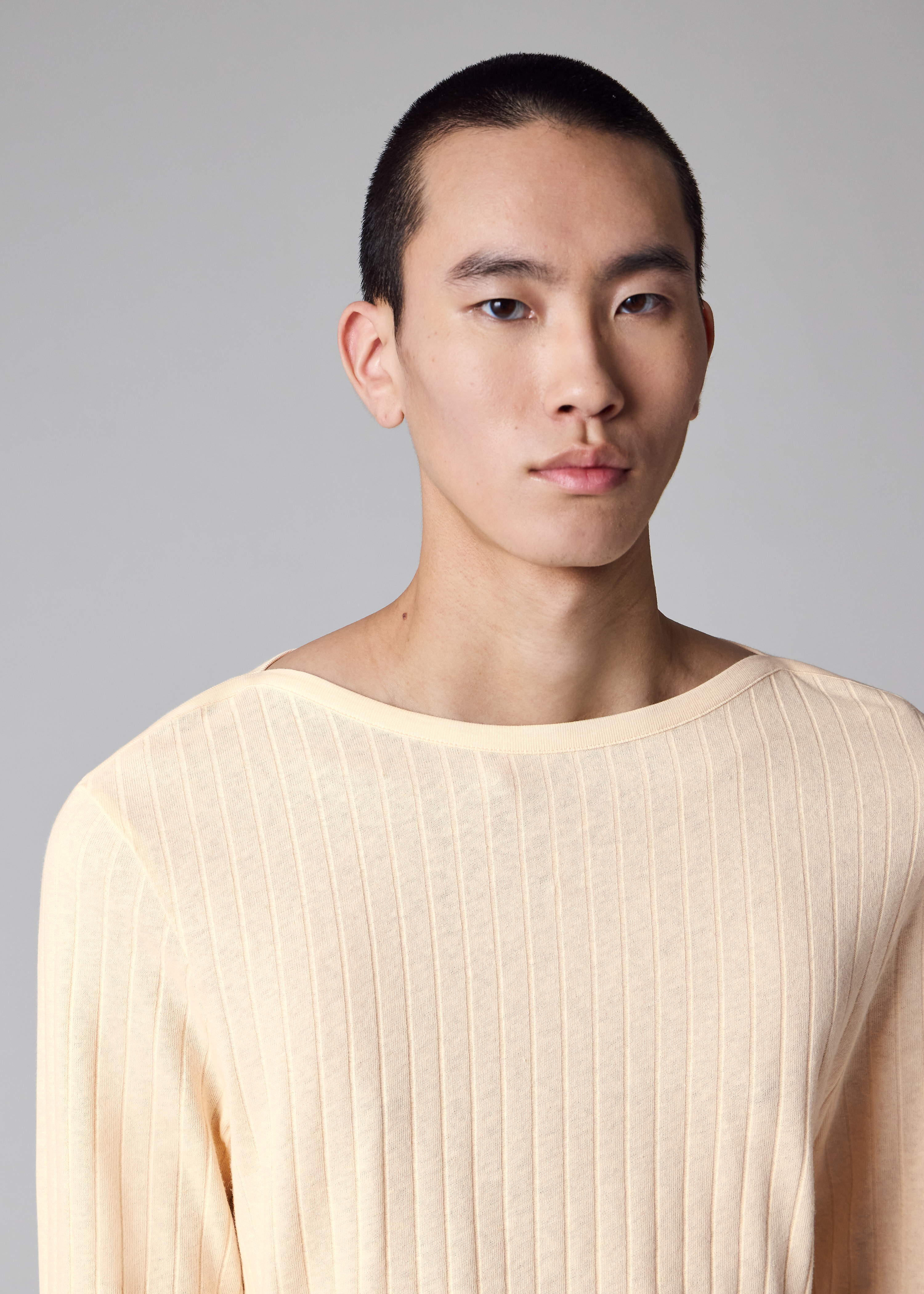 Ecru Cotton-Linen Boat Neck Long-Sleeve T-Shirt