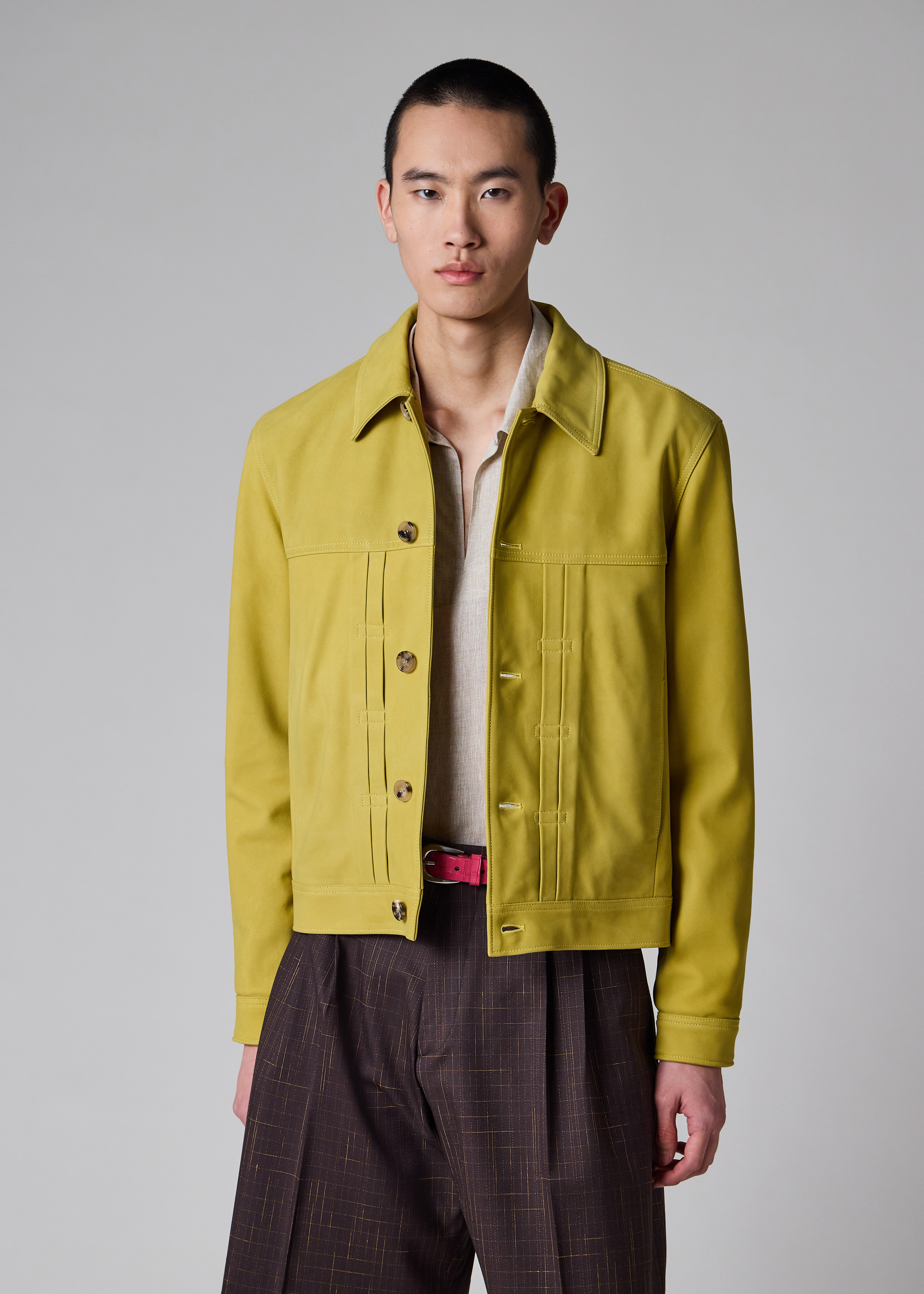 Yellow Nubuck Leather Pleated Trucker Jacket