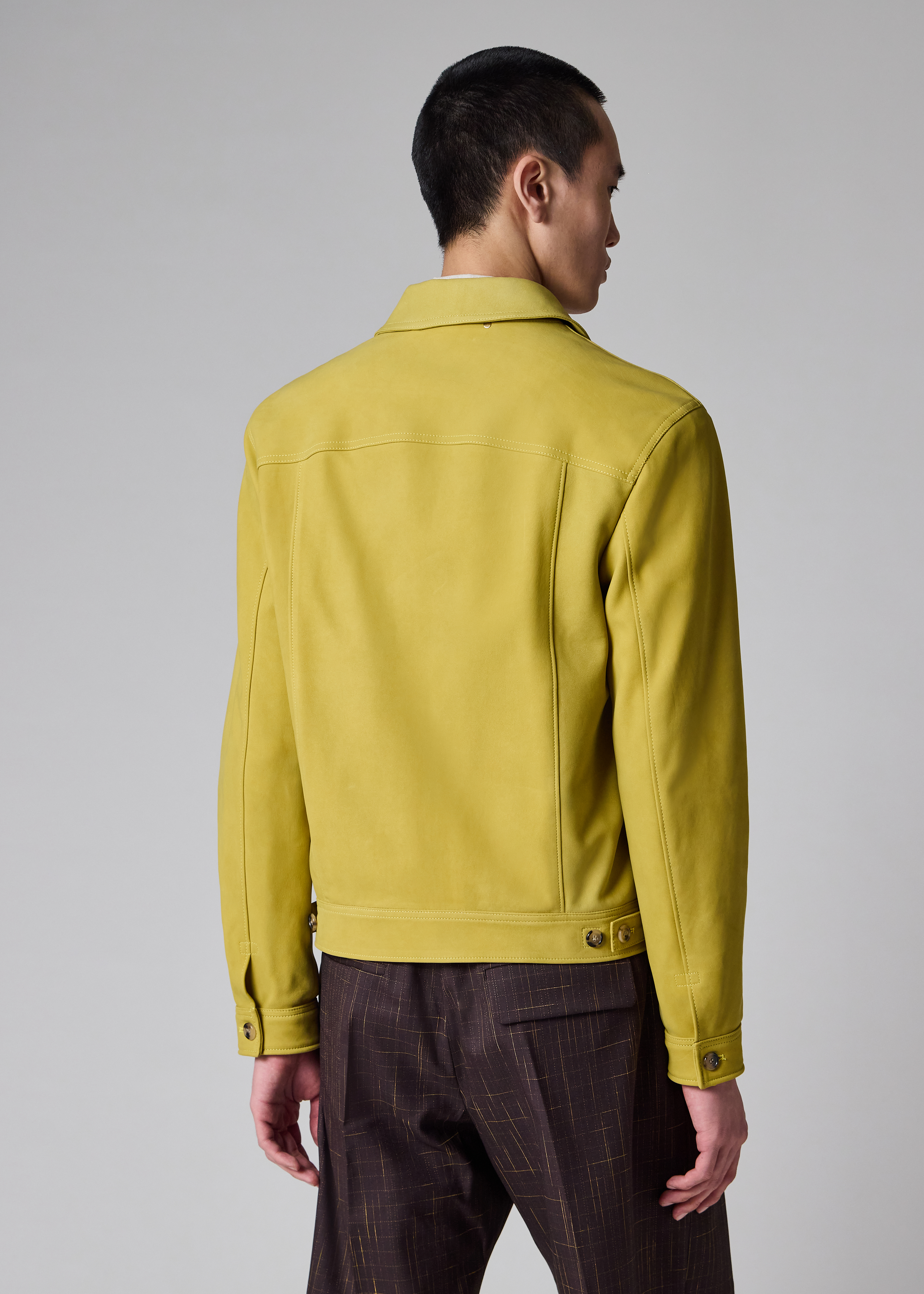 Yellow Nubuck Leather Pleated Trucker Jacket