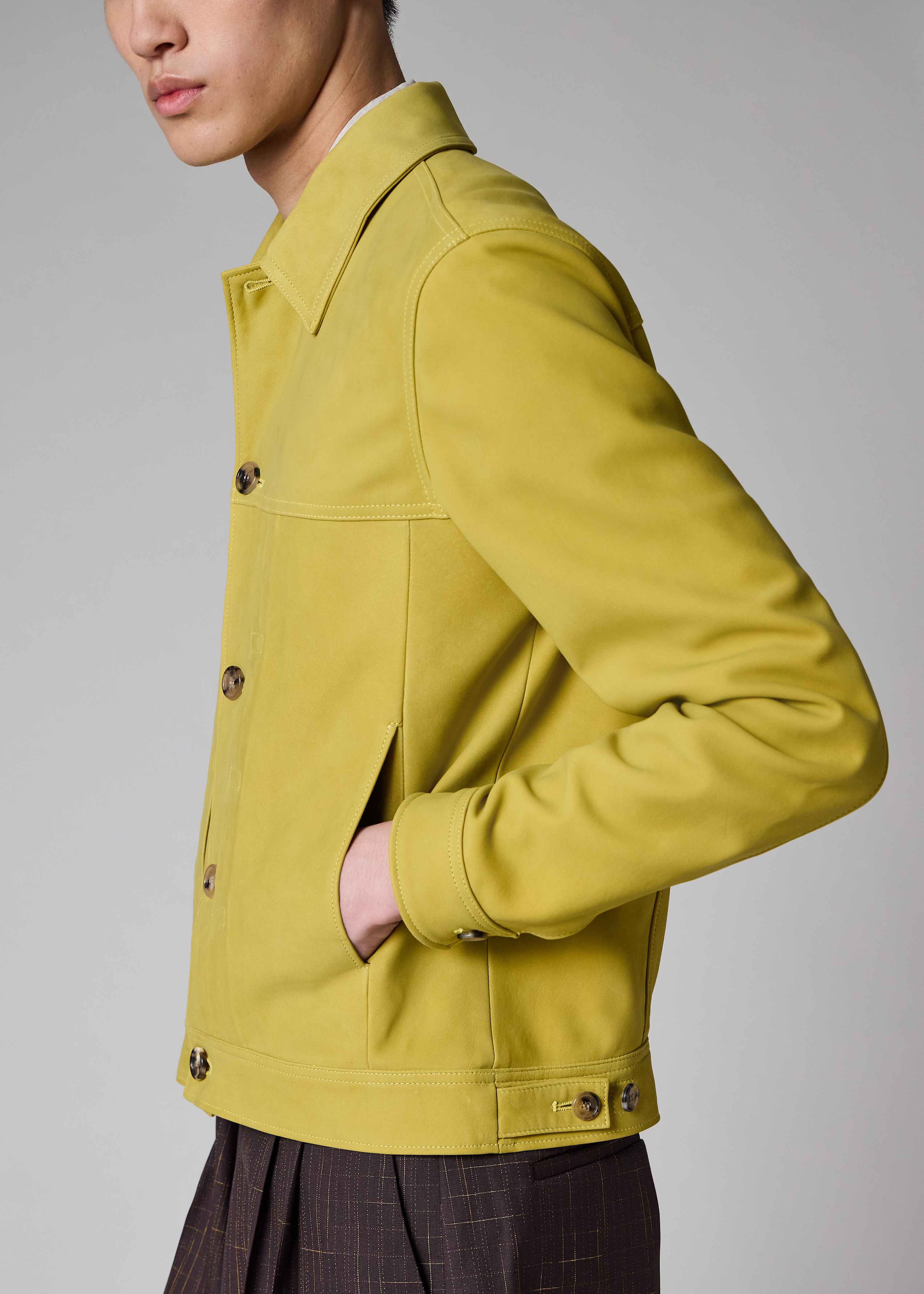 Yellow Nubuck Leather Pleated Trucker Jacket
