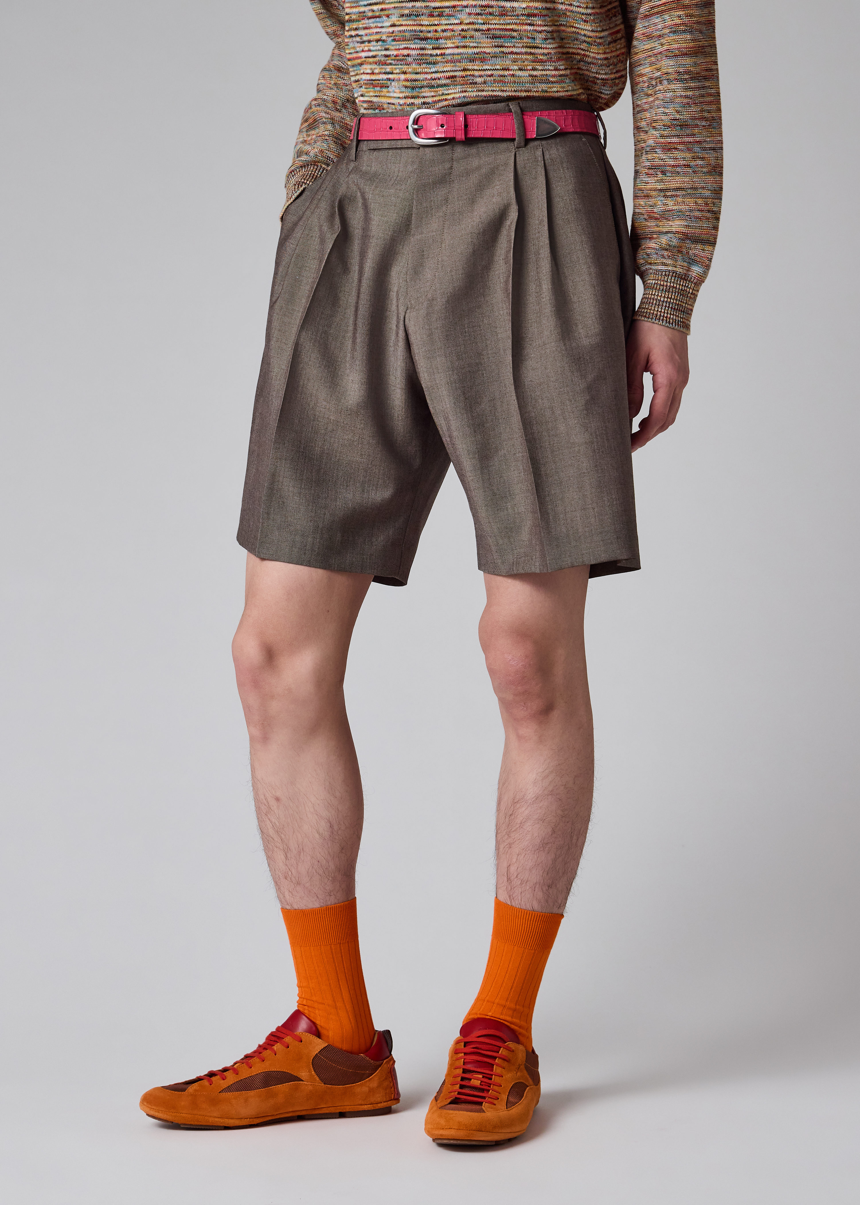 Brown Wool-Mohair Pleated Shorts