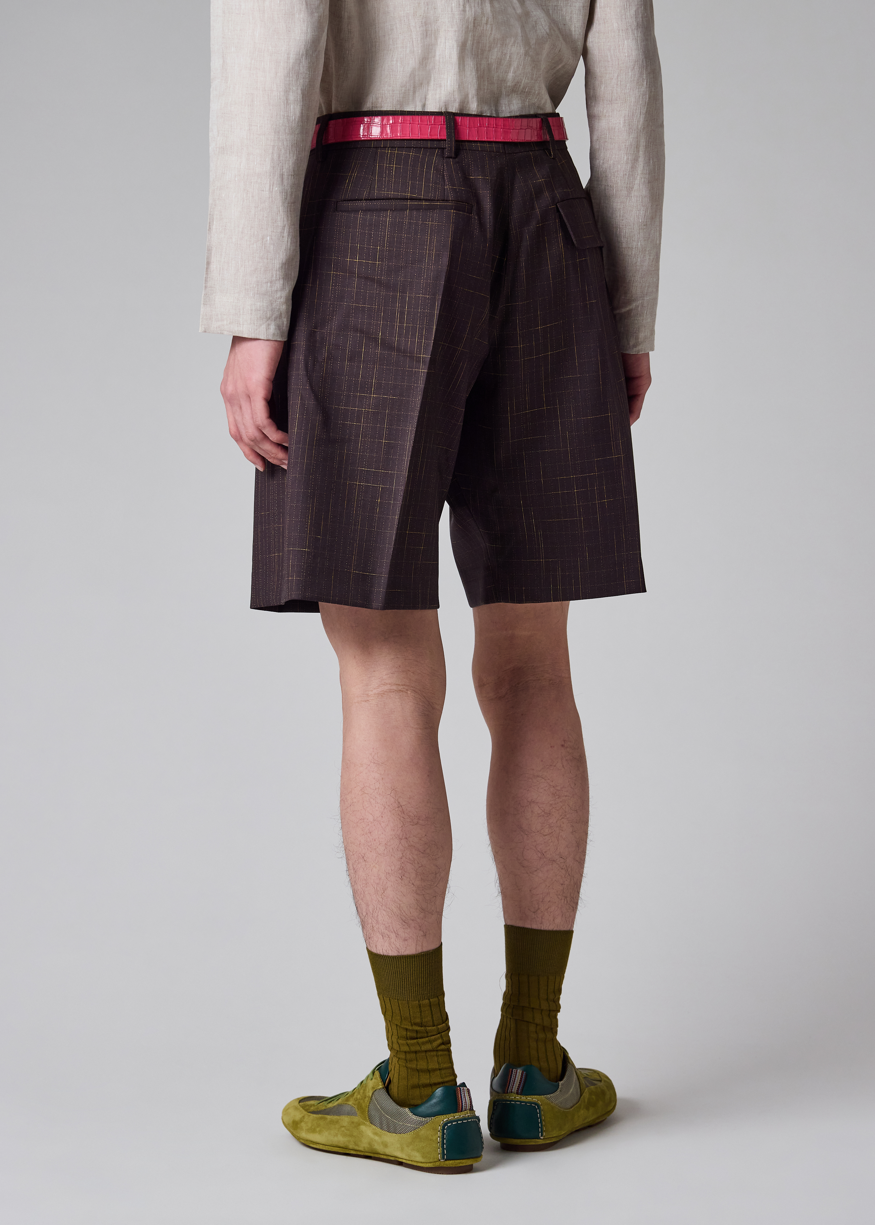 Aubergine Wool Check Pleated Shorts