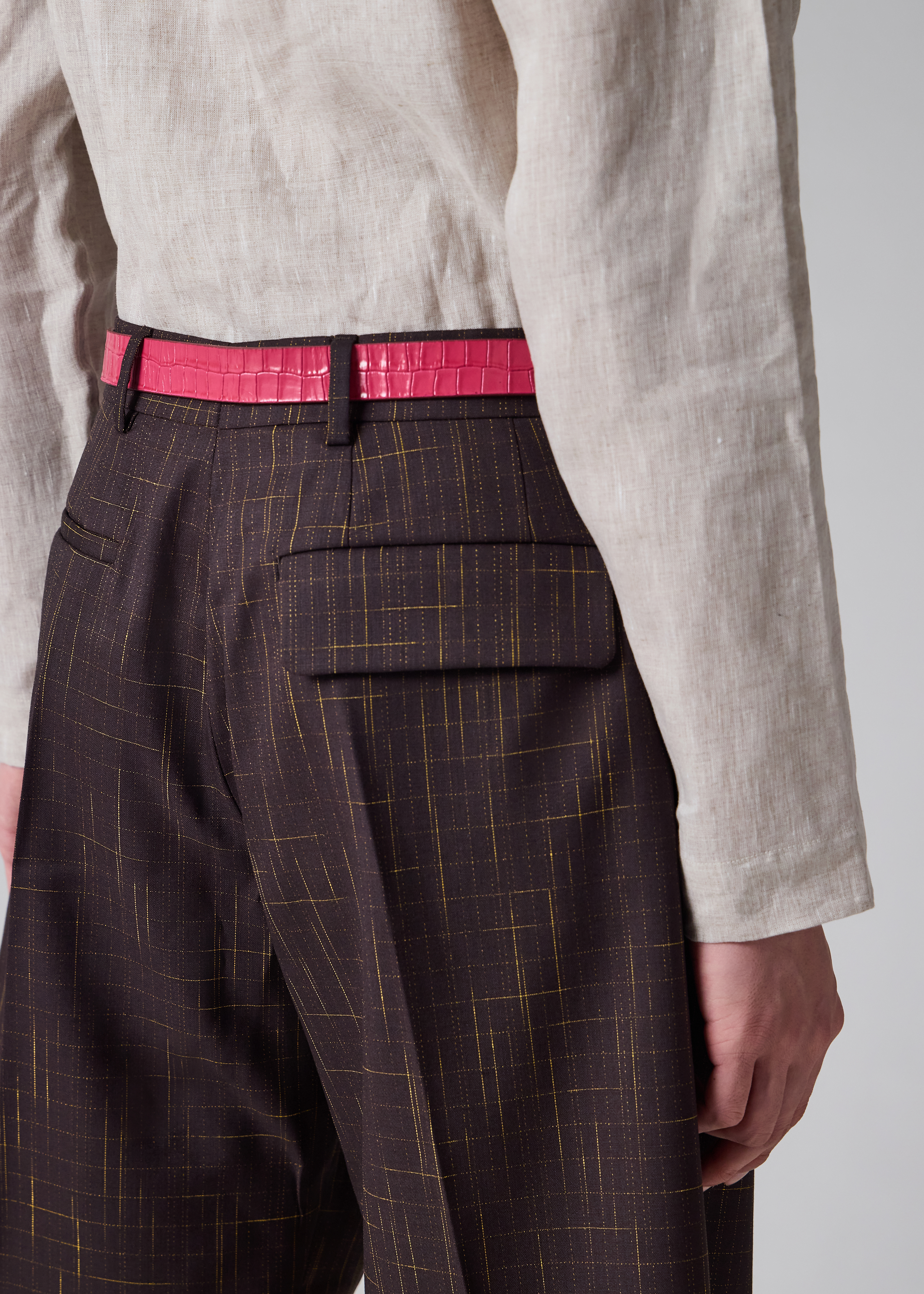 Aubergine Wool Check Pleated Shorts