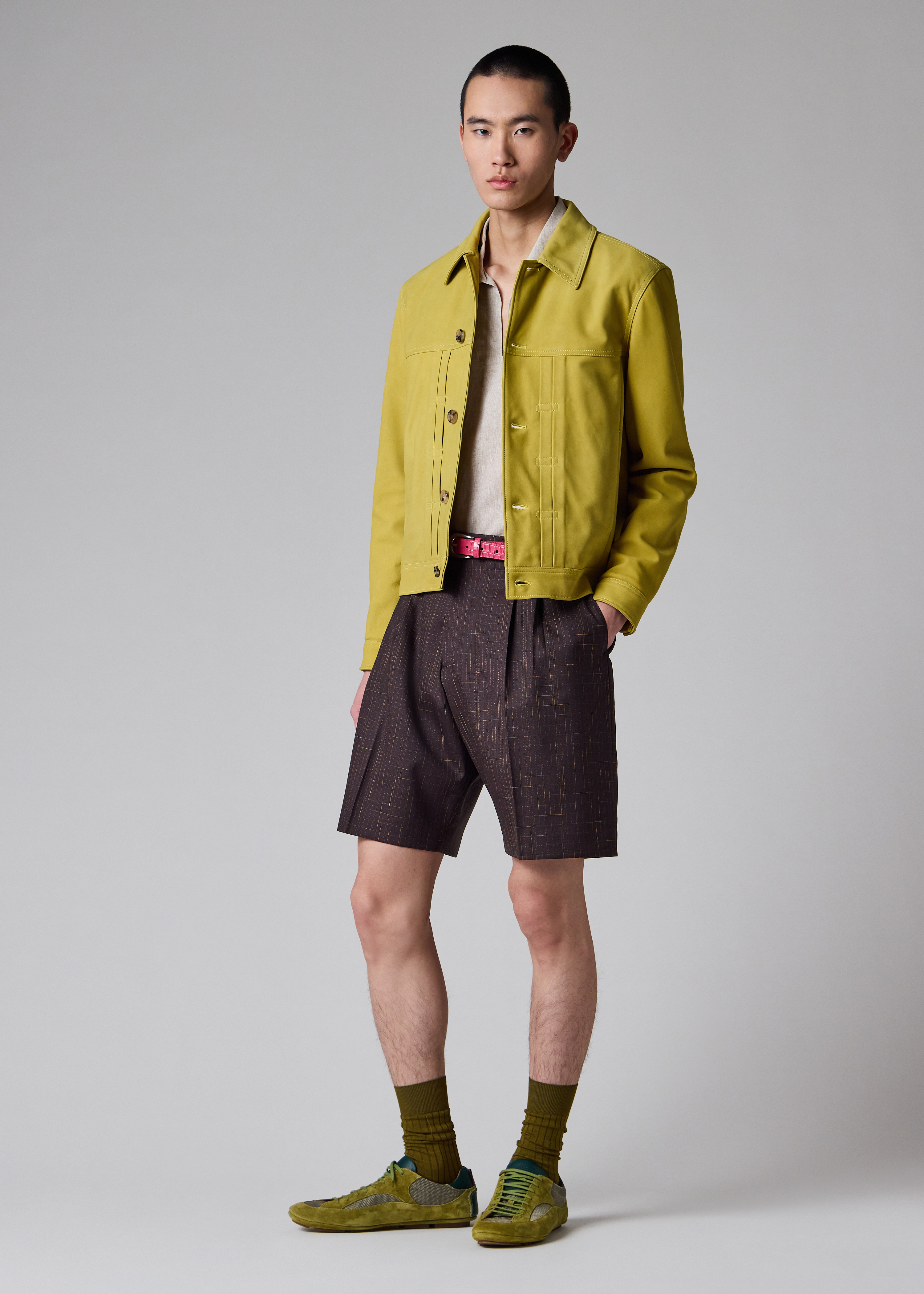 Aubergine Wool Check Pleated Shorts