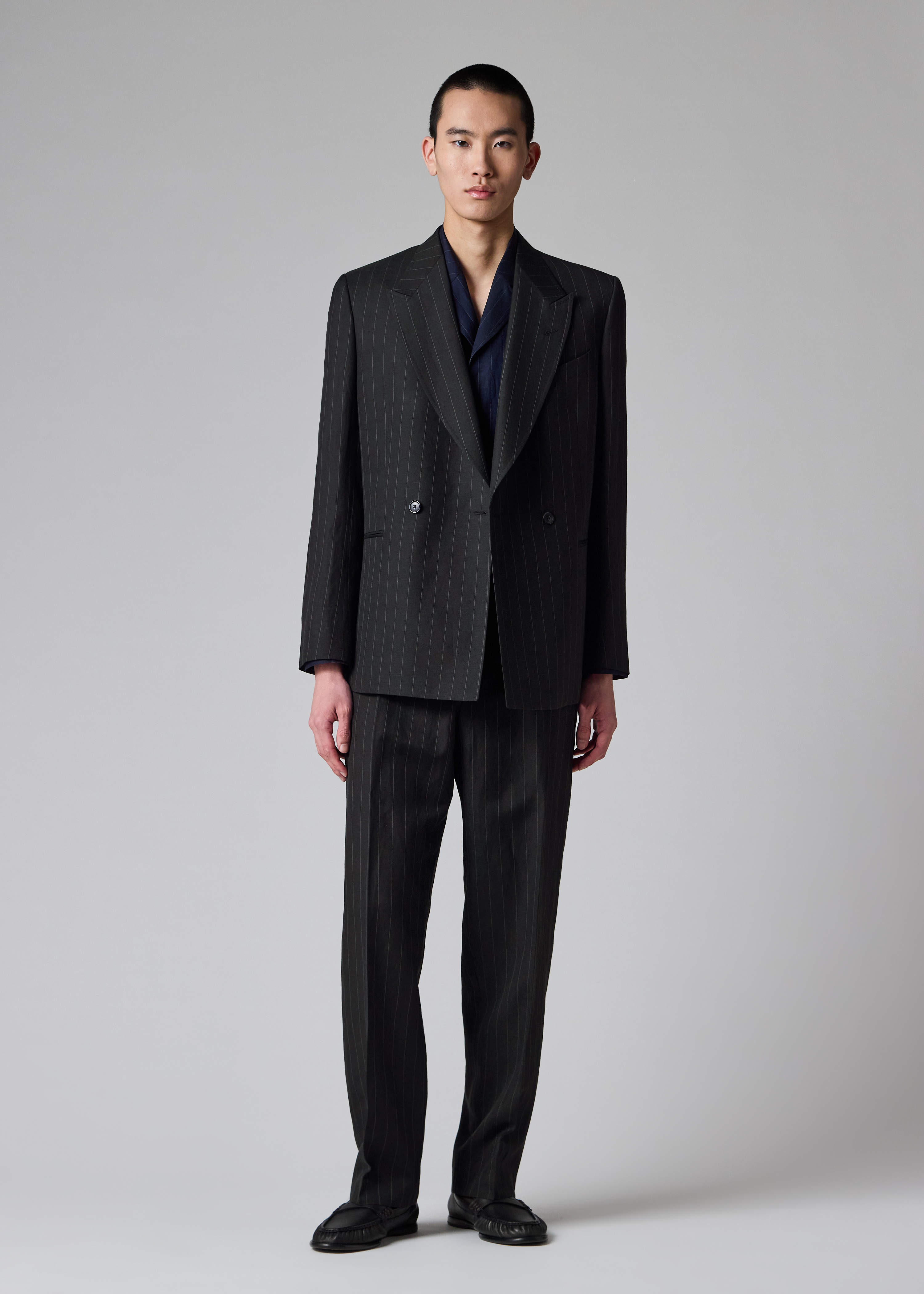 Black Wool-Linen Pinstripe Double-Breasted Blazer
