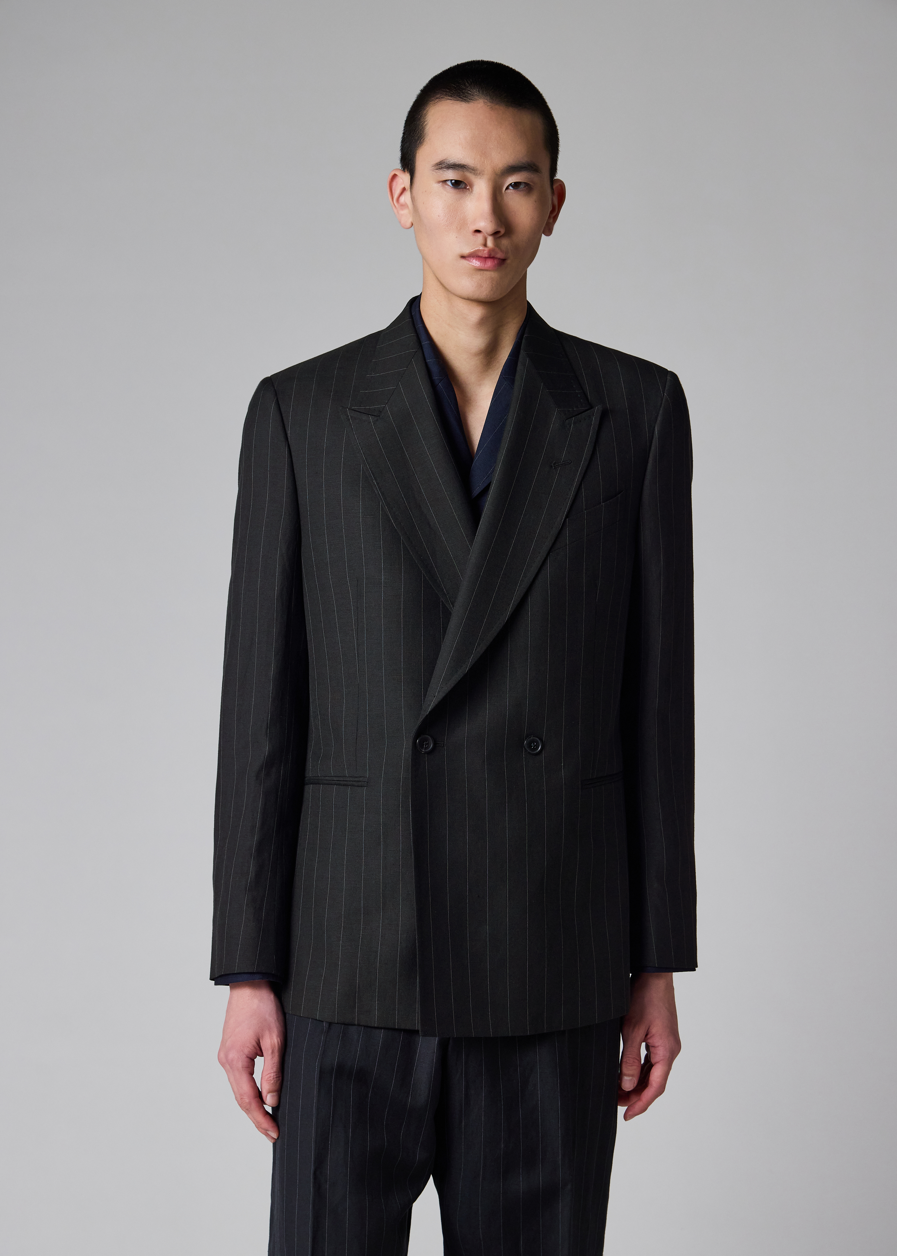 Black Wool-Linen Pinstripe Double-Breasted Blazer