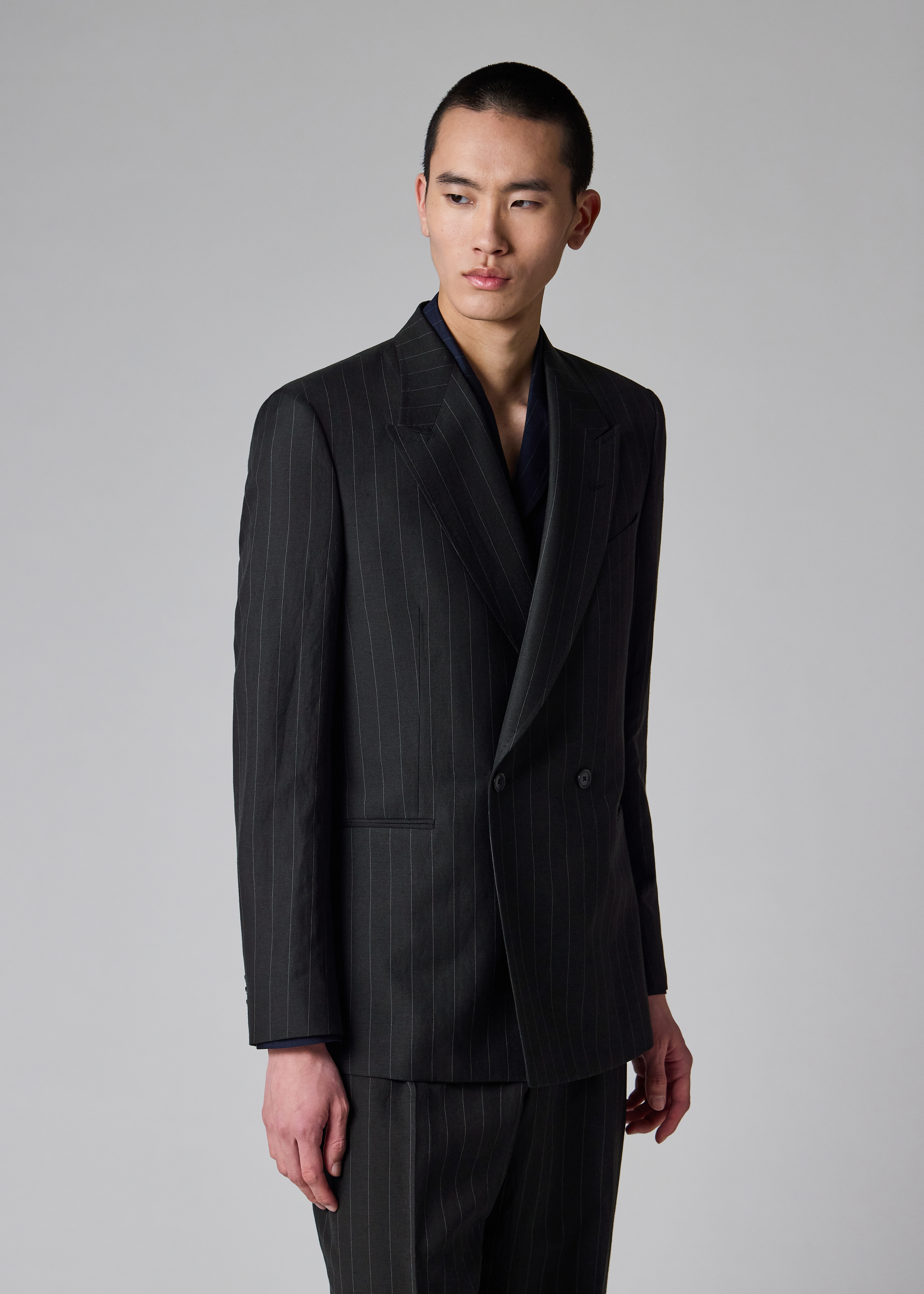 Black Wool-Linen Pinstripe Double-Breasted Blazer