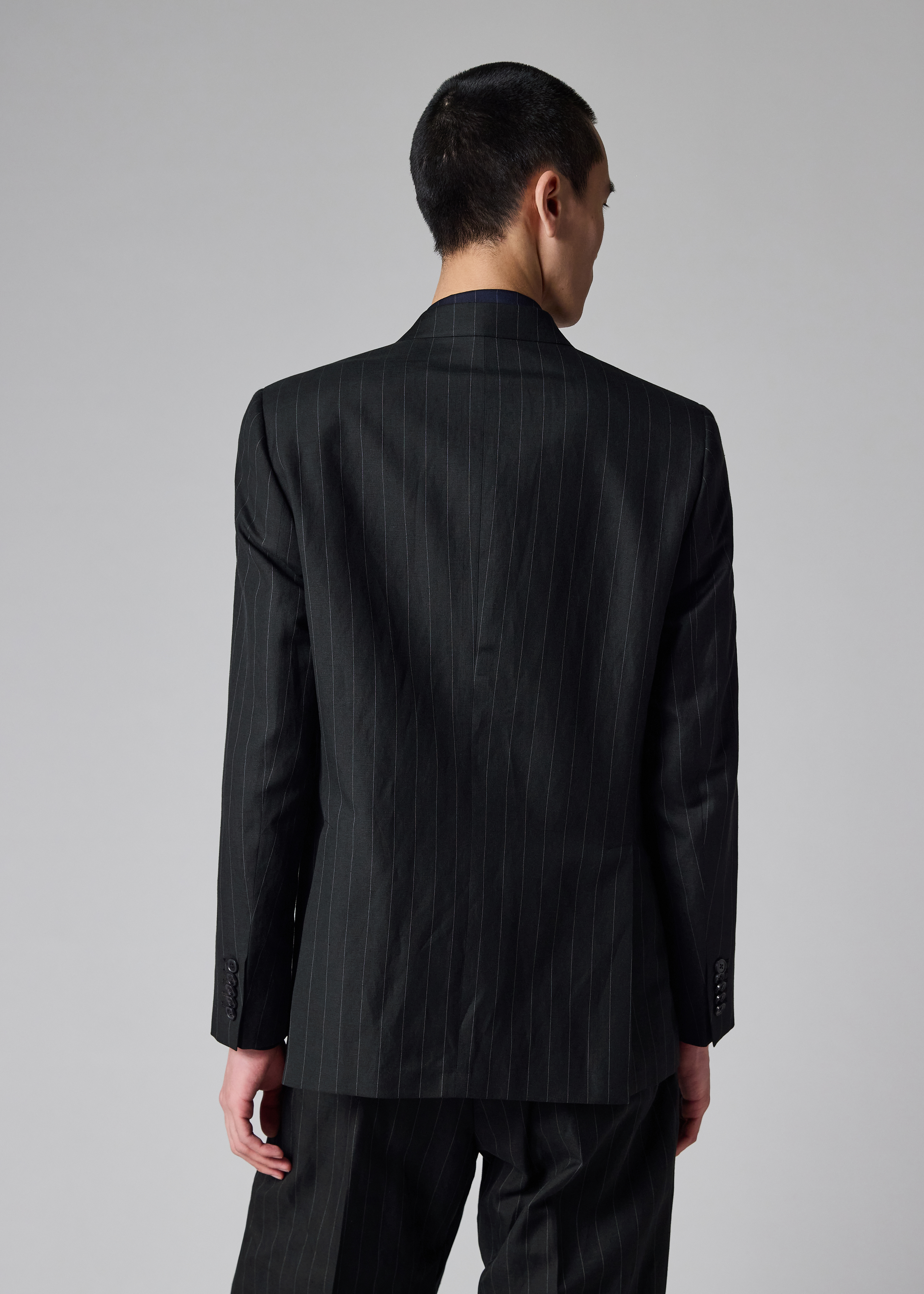 Black Wool-Linen Pinstripe Double-Breasted Blazer