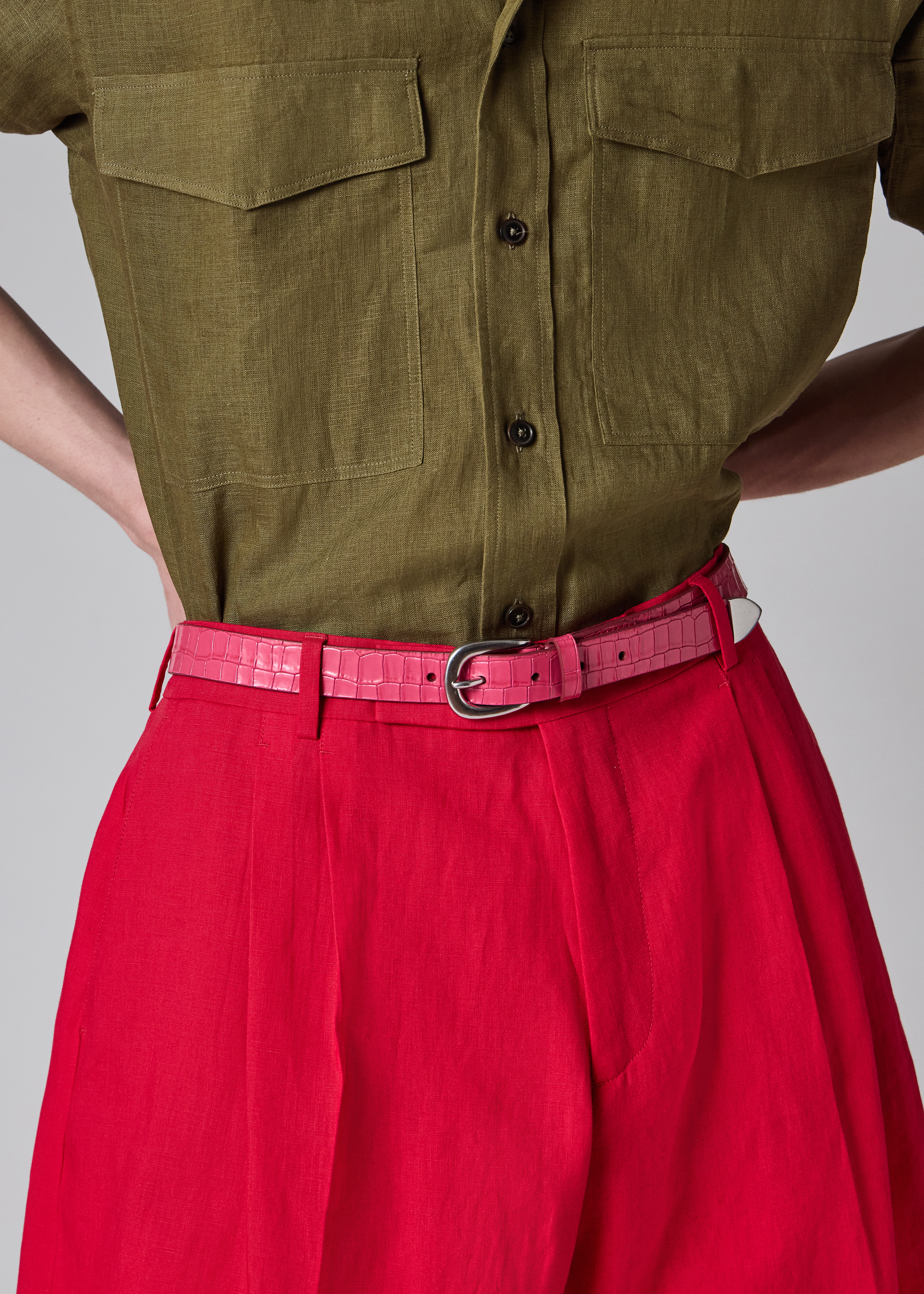 Pink Croc-Emboss Leather Belt