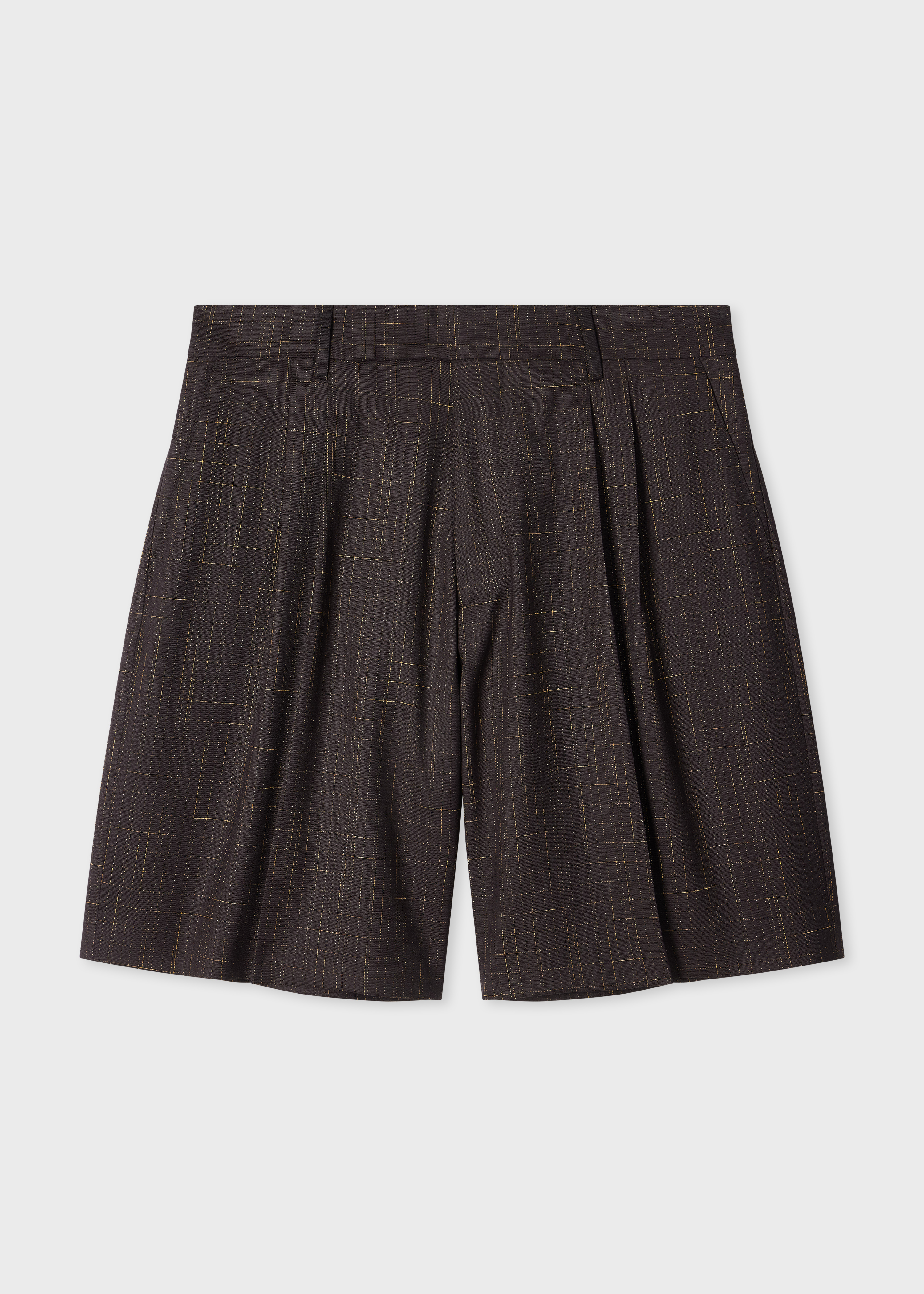 Aubergine Wool Check Pleated Shorts