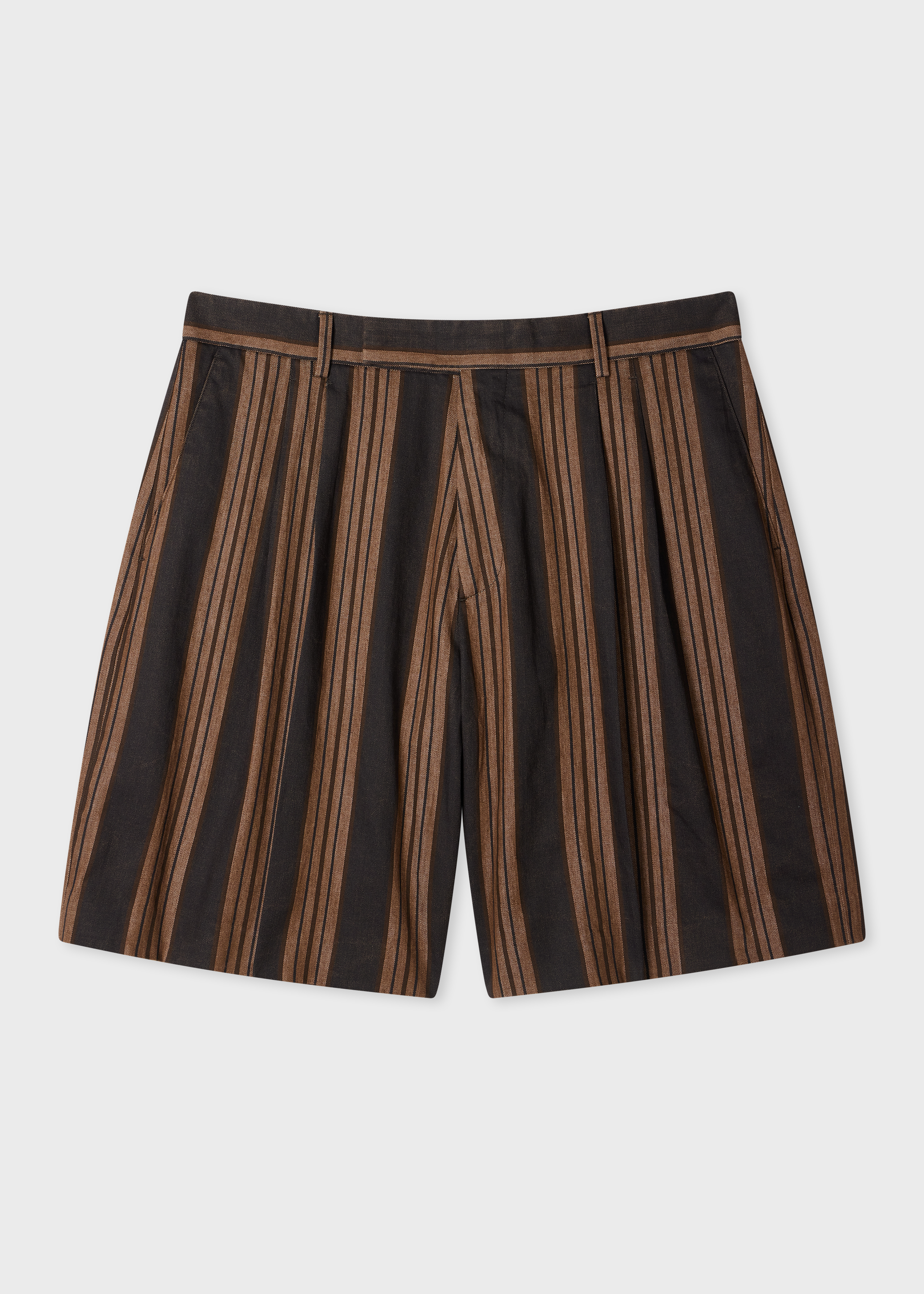 Brown Stripe Pleated Cotton Shorts