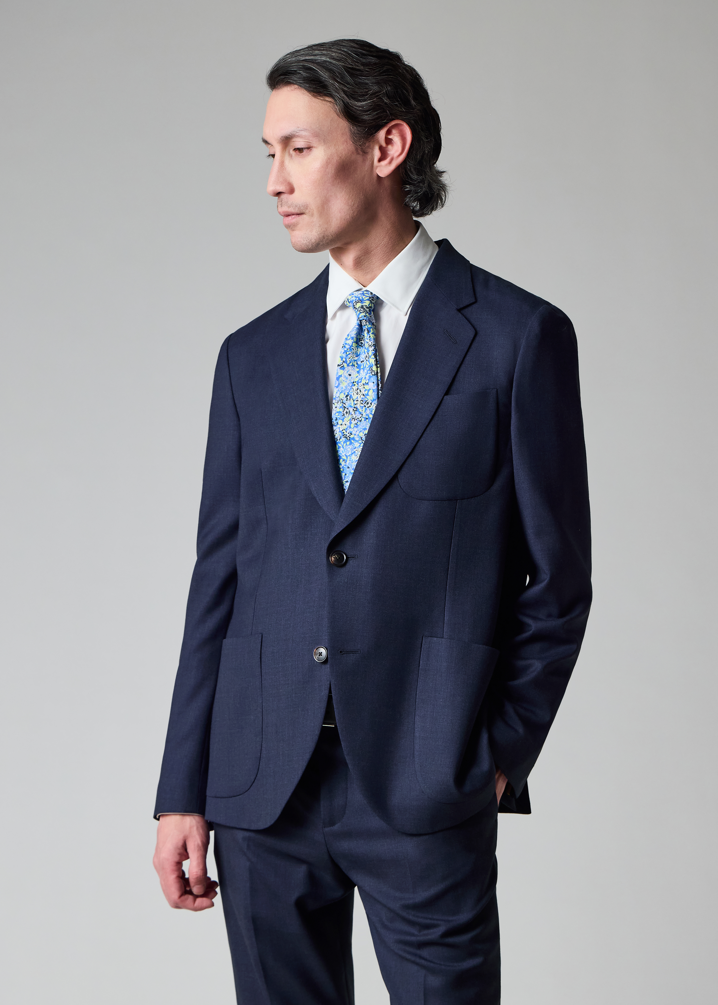 A Suit To Travel In - Dark Blue Marl Wool Patch-Pocket Blazer