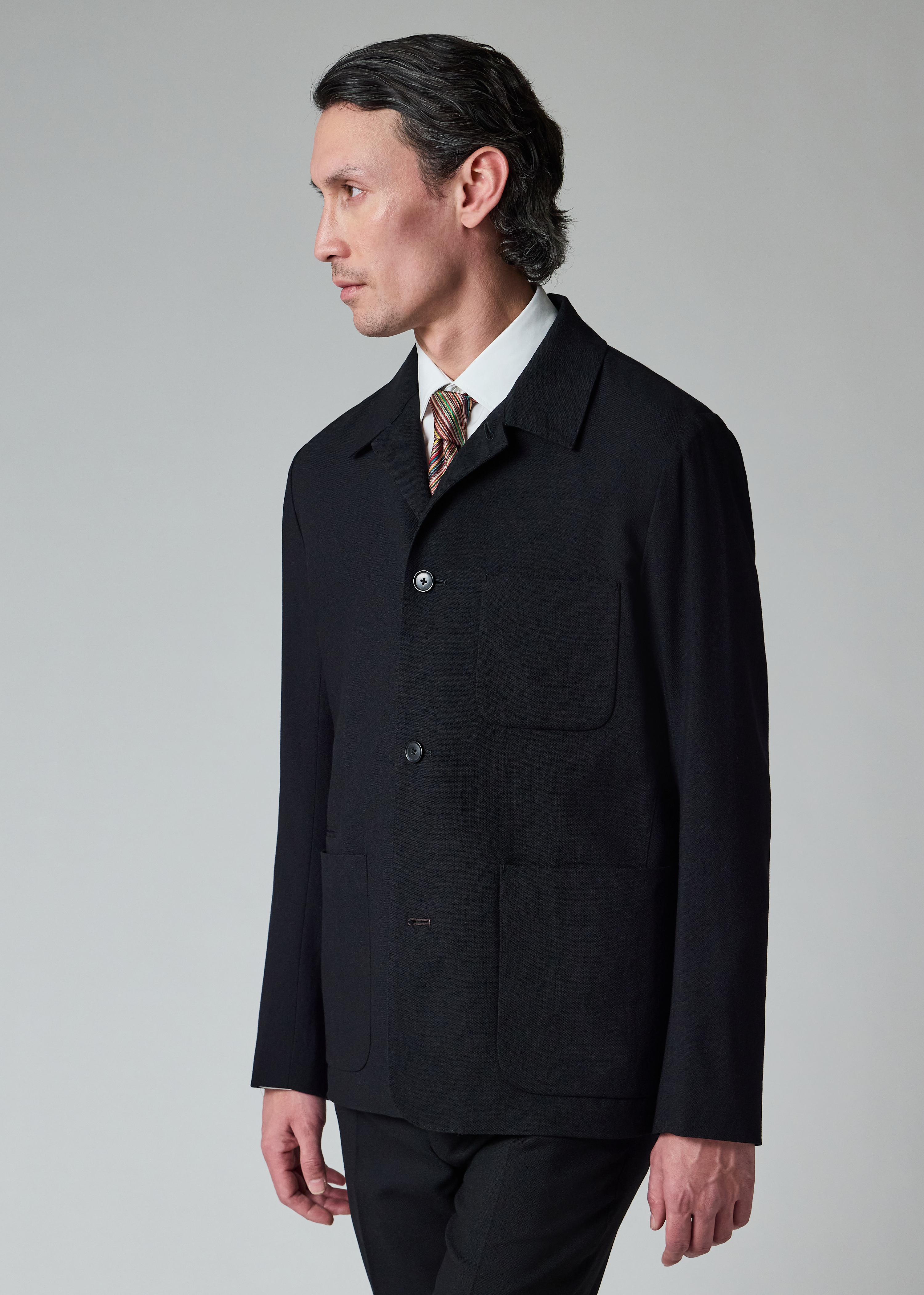 Black Two-Ply Hopsack Wool Work Jacket