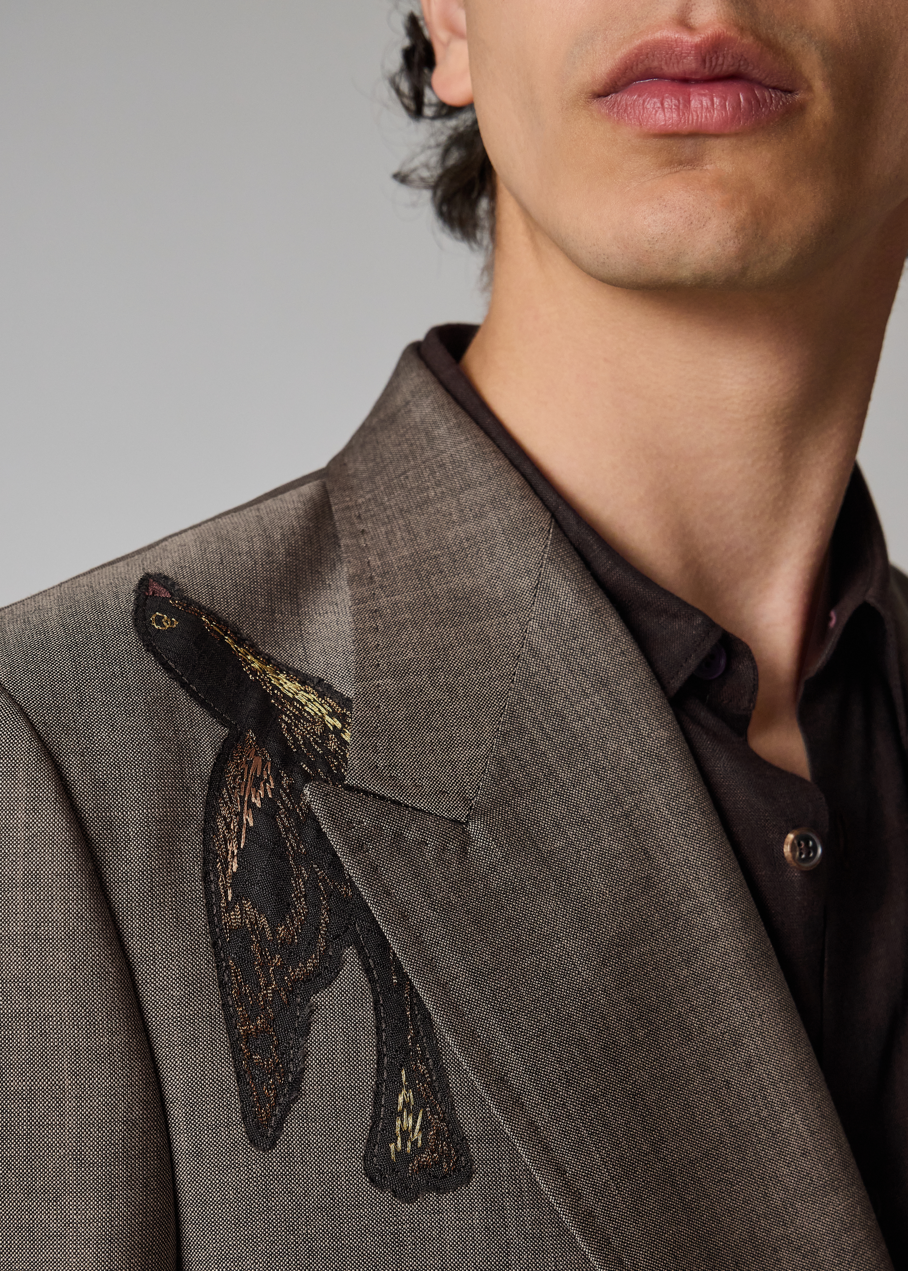 Brown Wool-Mohair Embroidered Birds Double Breasted Blazer