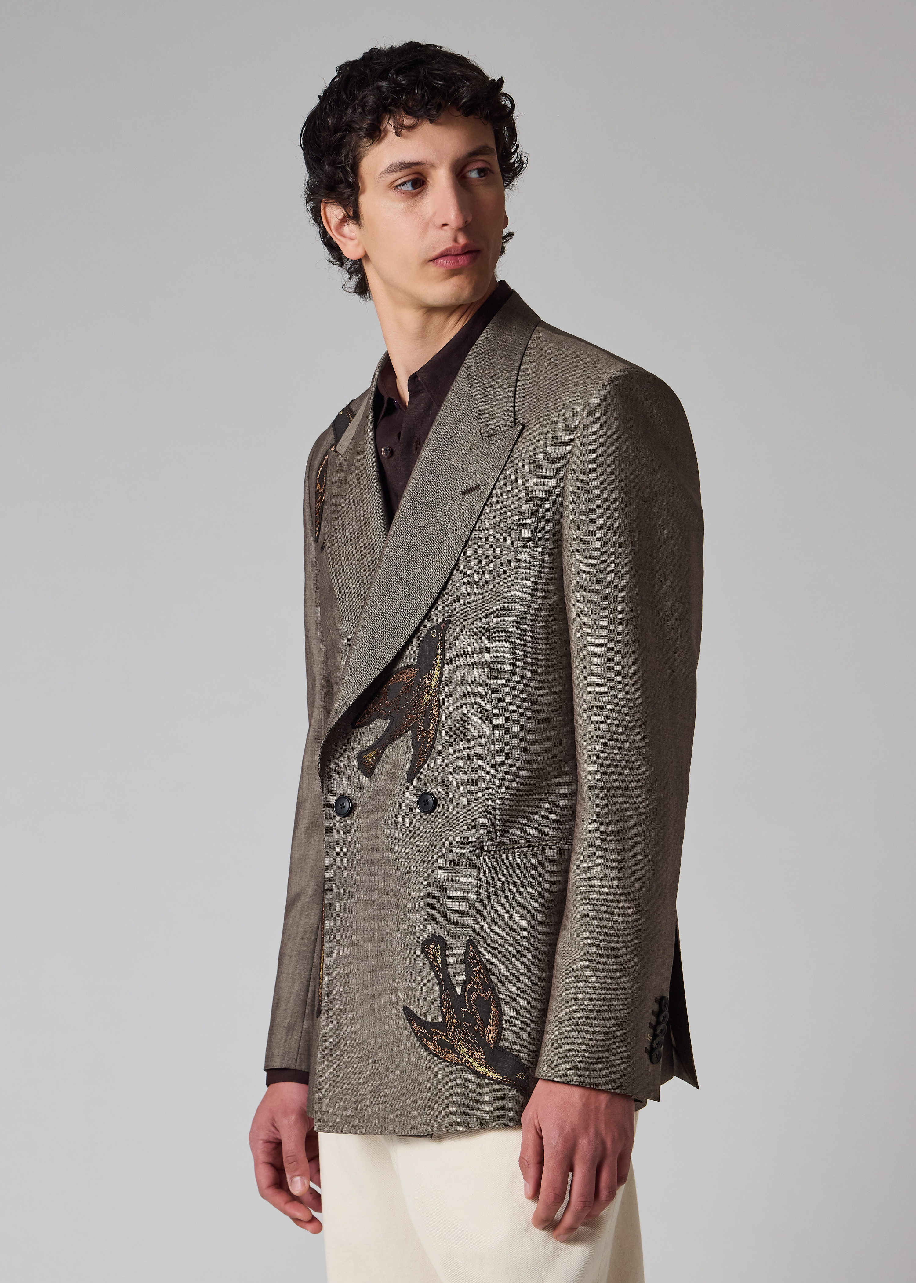 Brown Wool-Mohair Embroidered Birds Double Breasted Blazer