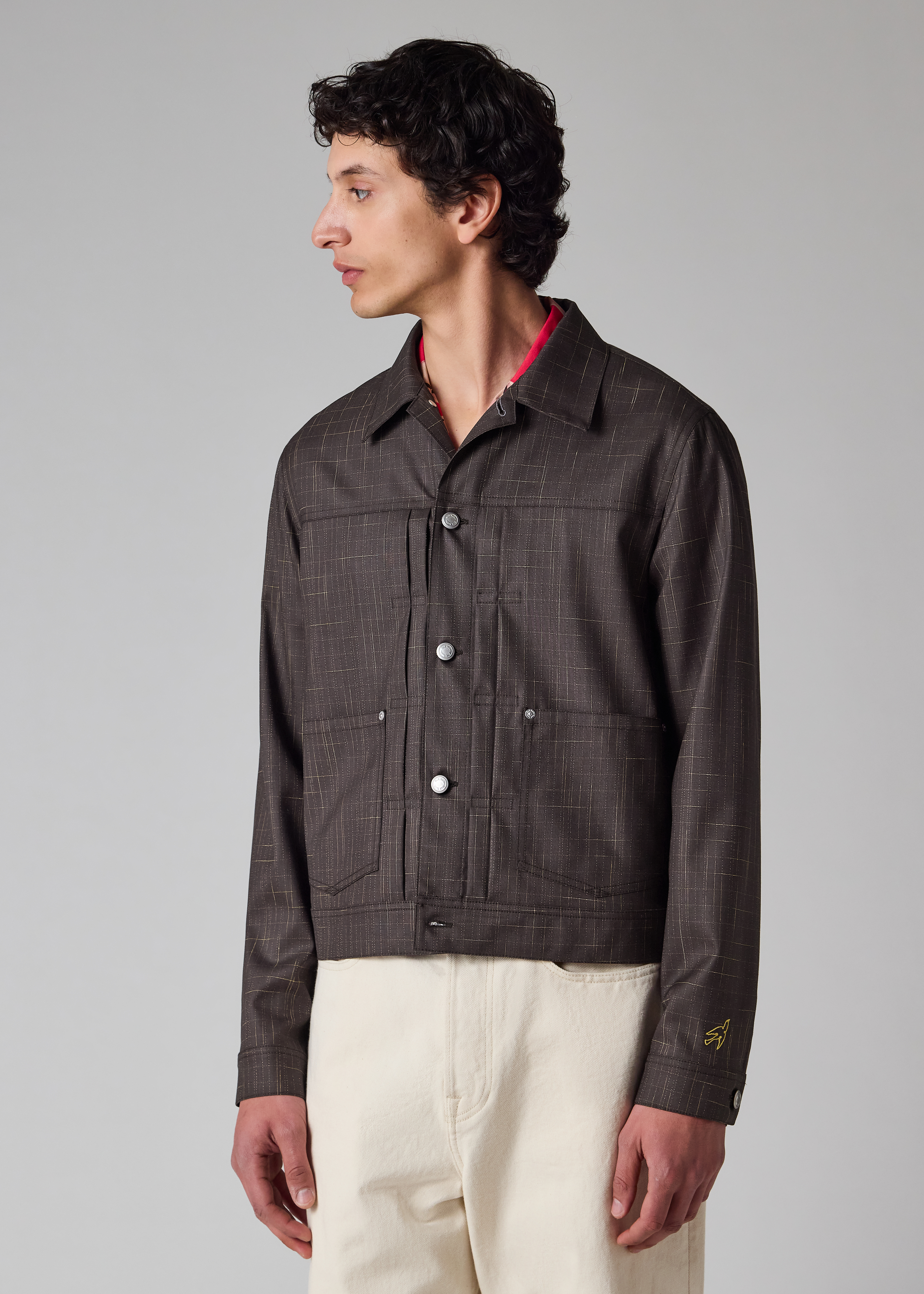 Aubergine Wool Check Pleated Trucker Jacket