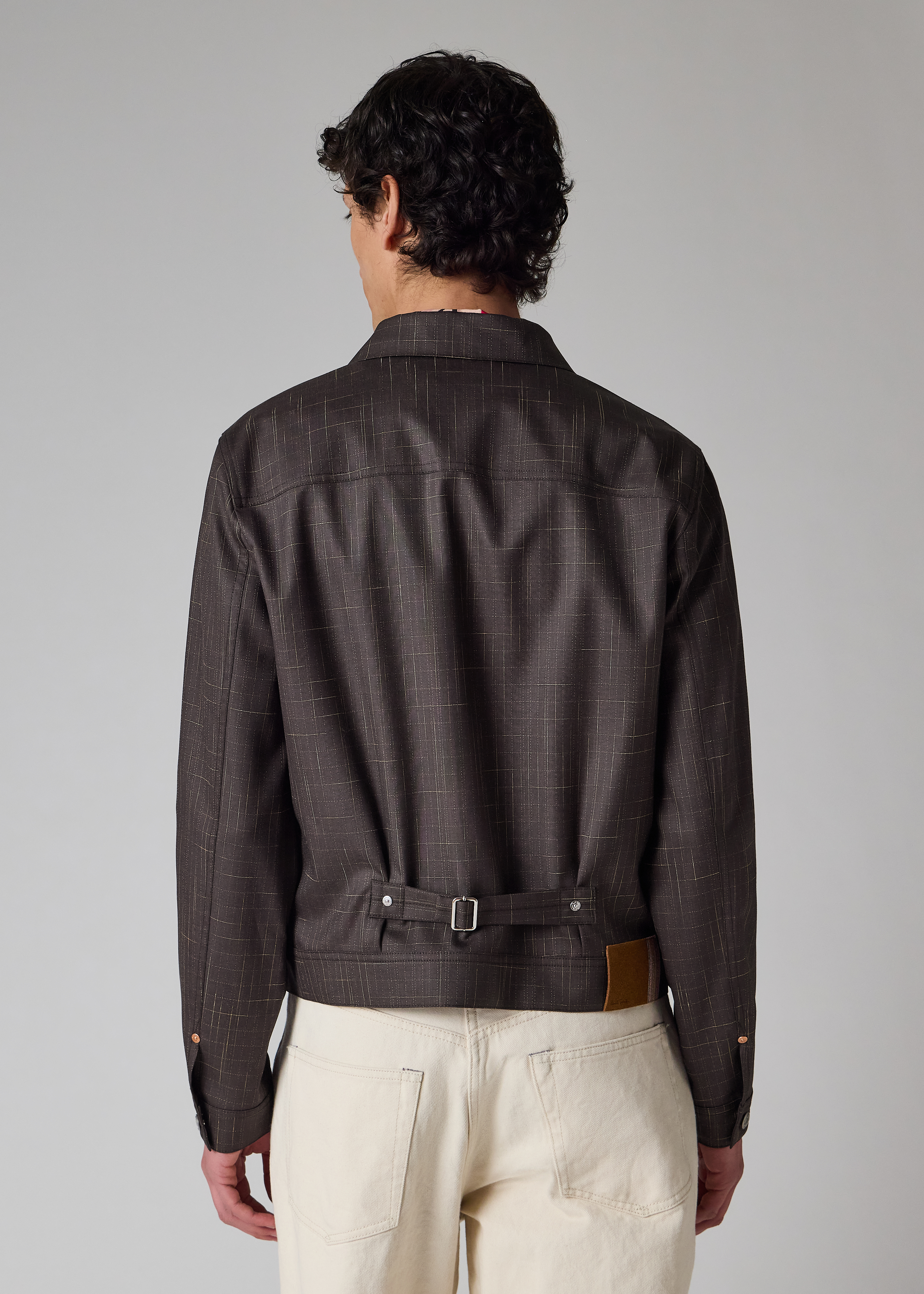 Aubergine Wool Check Pleated Trucker Jacket