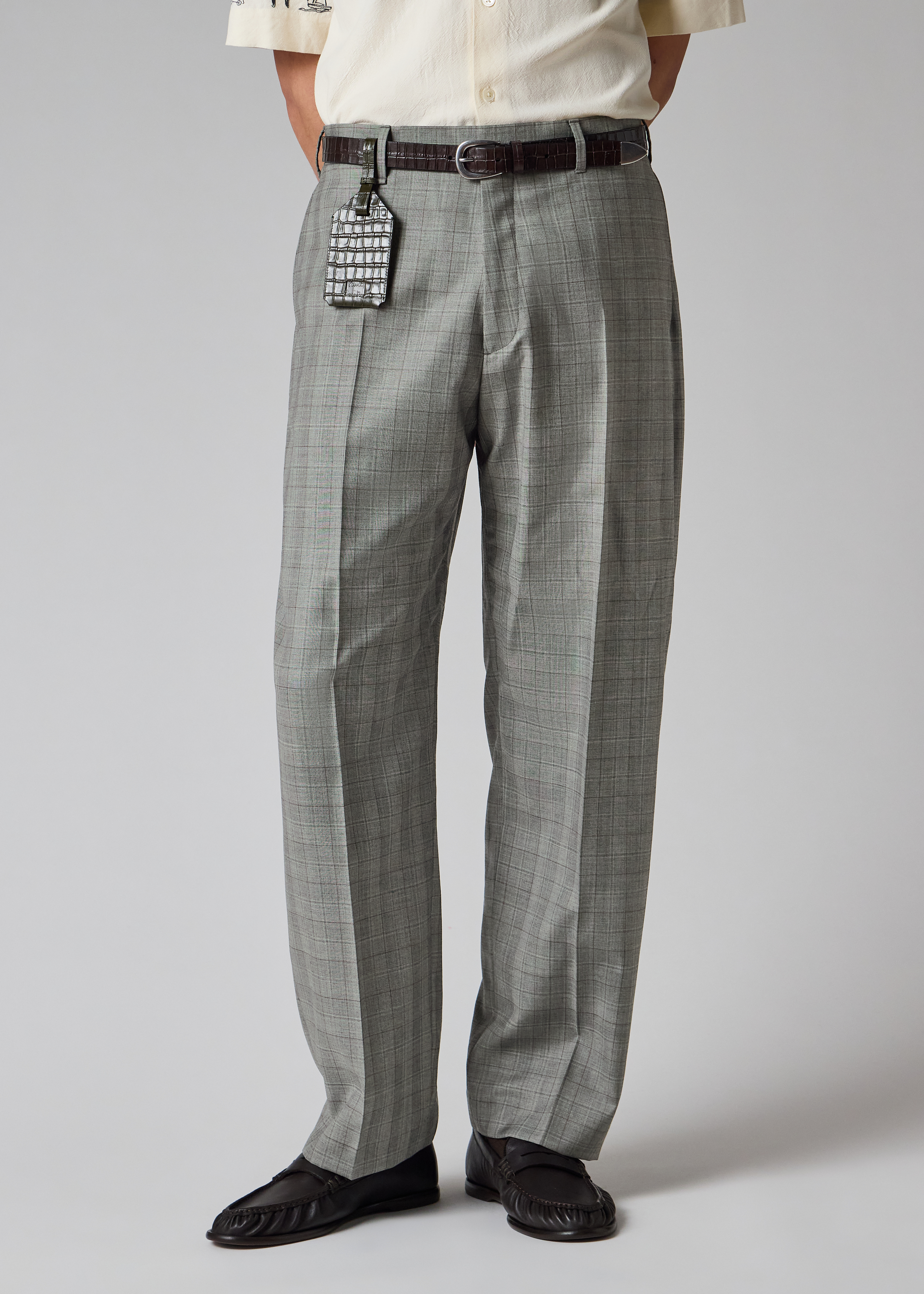 Relaxed-Fit Grey Check Wool Trousers