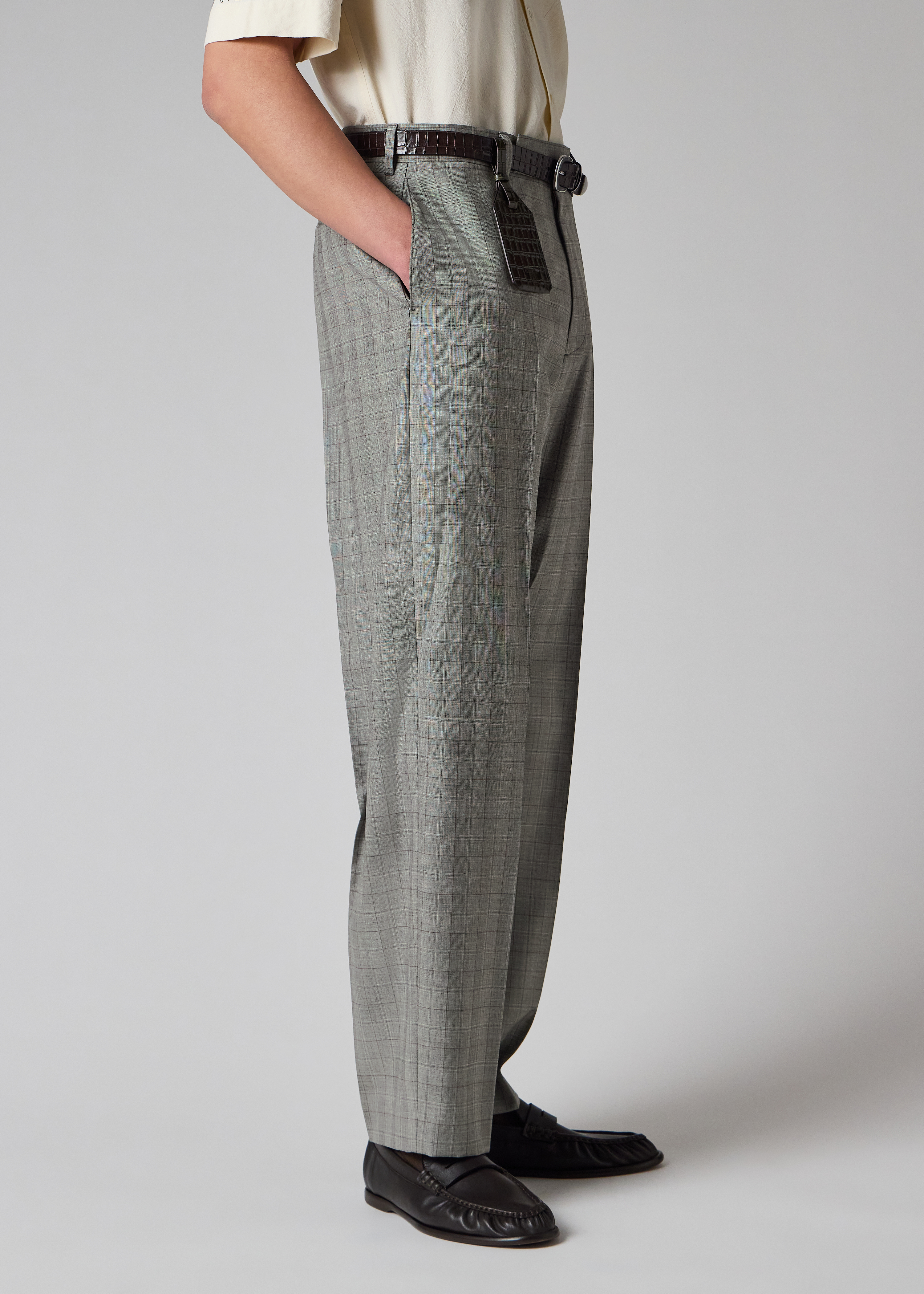 Relaxed-Fit Grey Check Wool Trousers