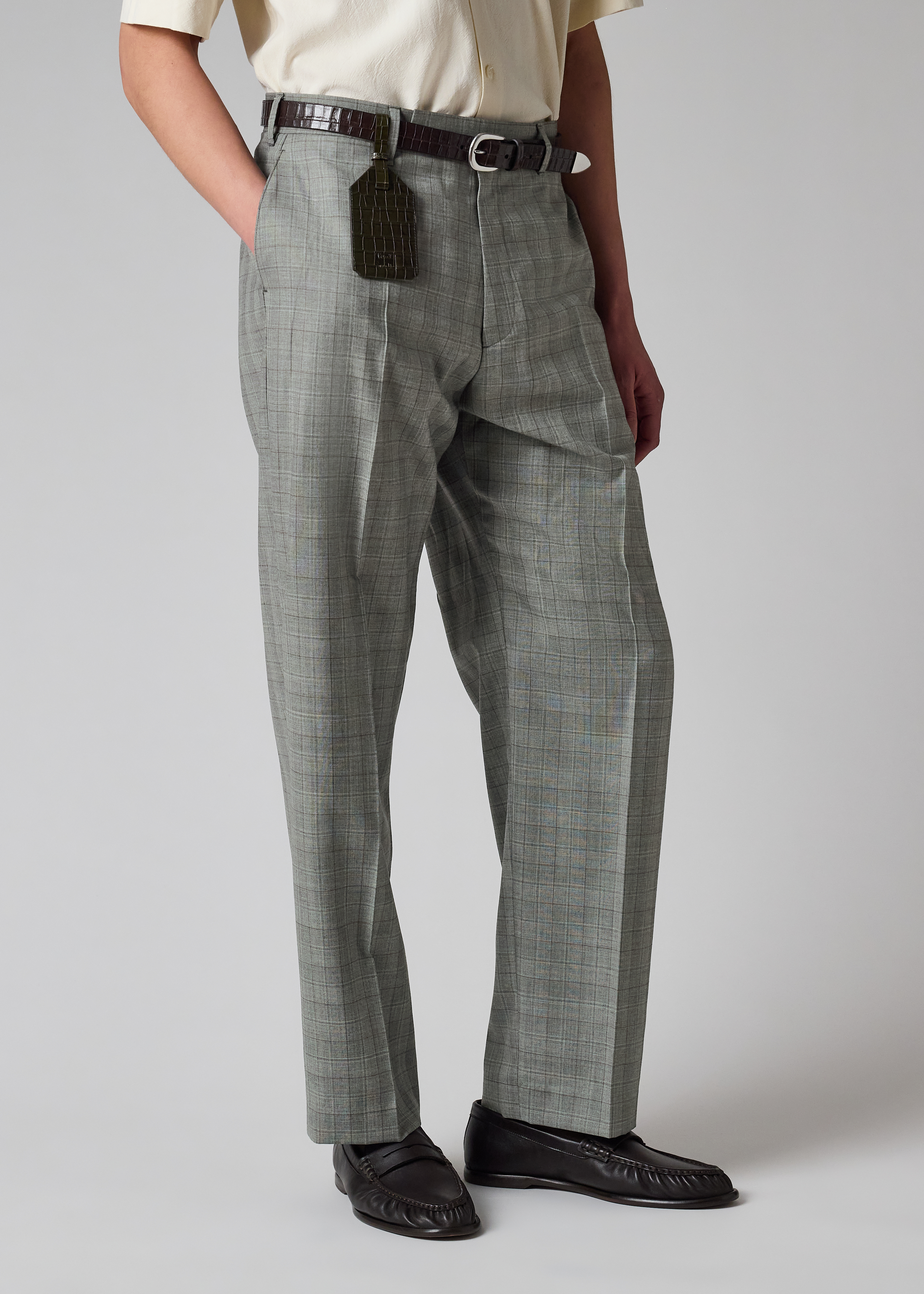 Relaxed-Fit Grey Check Wool Trousers
