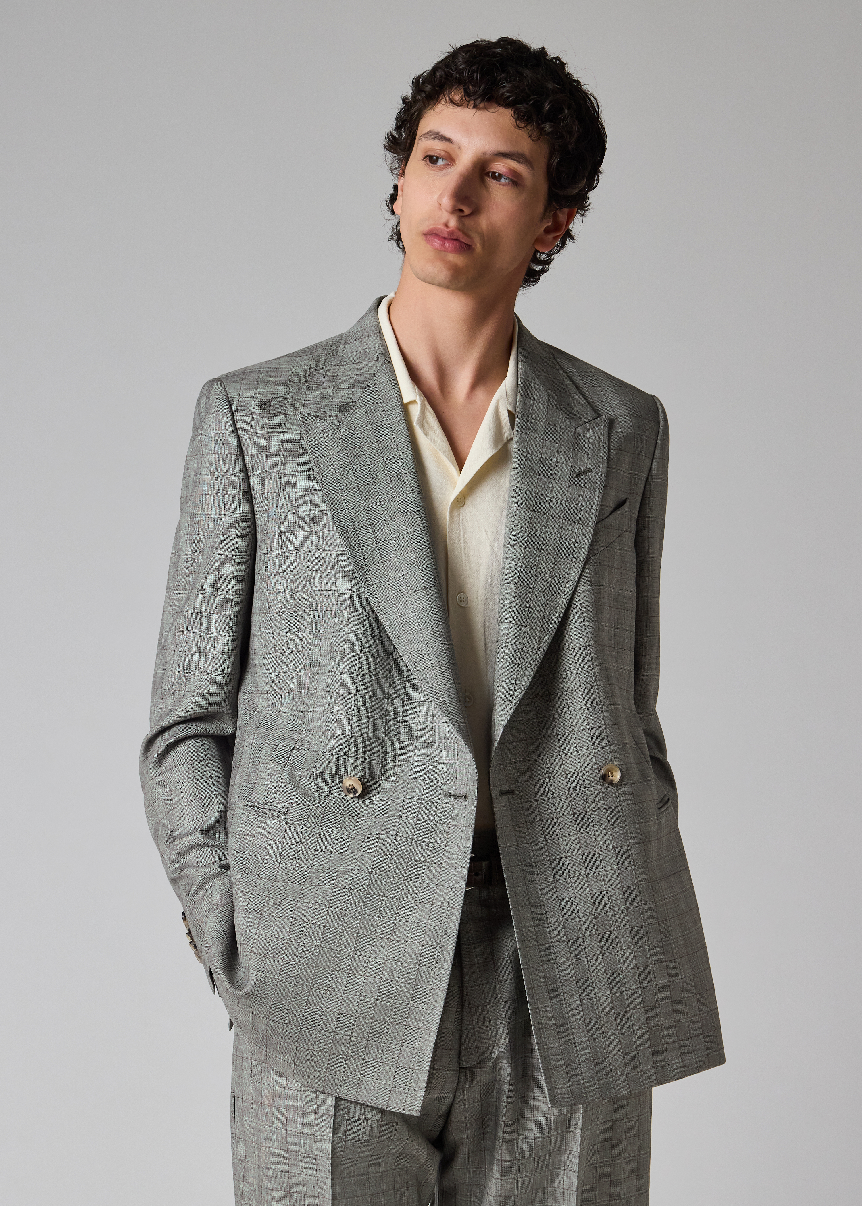 Grey Check Wool Double-Breasted Blazer