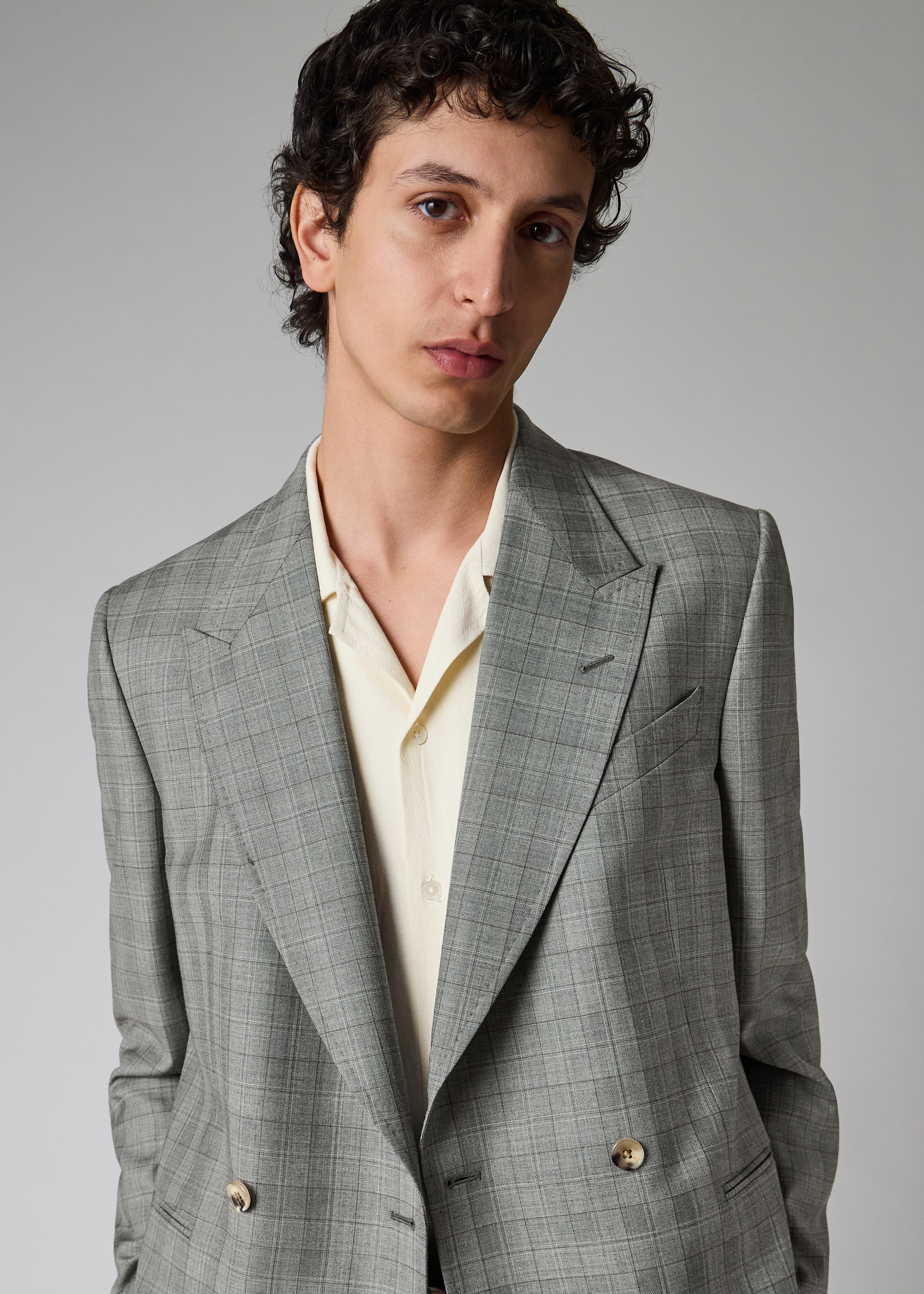 Grey Check Wool Double-Breasted Blazer