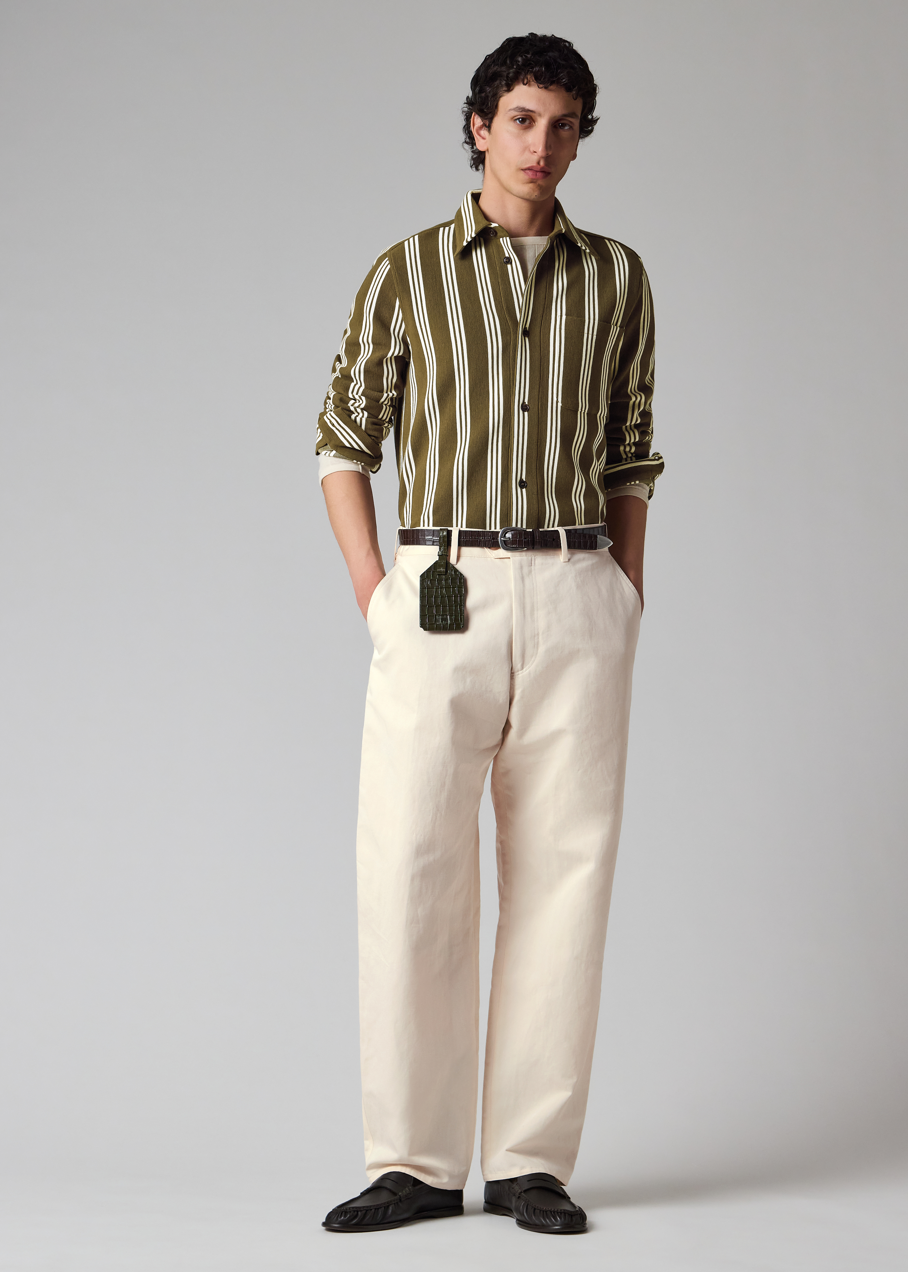 Khaki Cotton-Blend Jersey Stripe Shirt