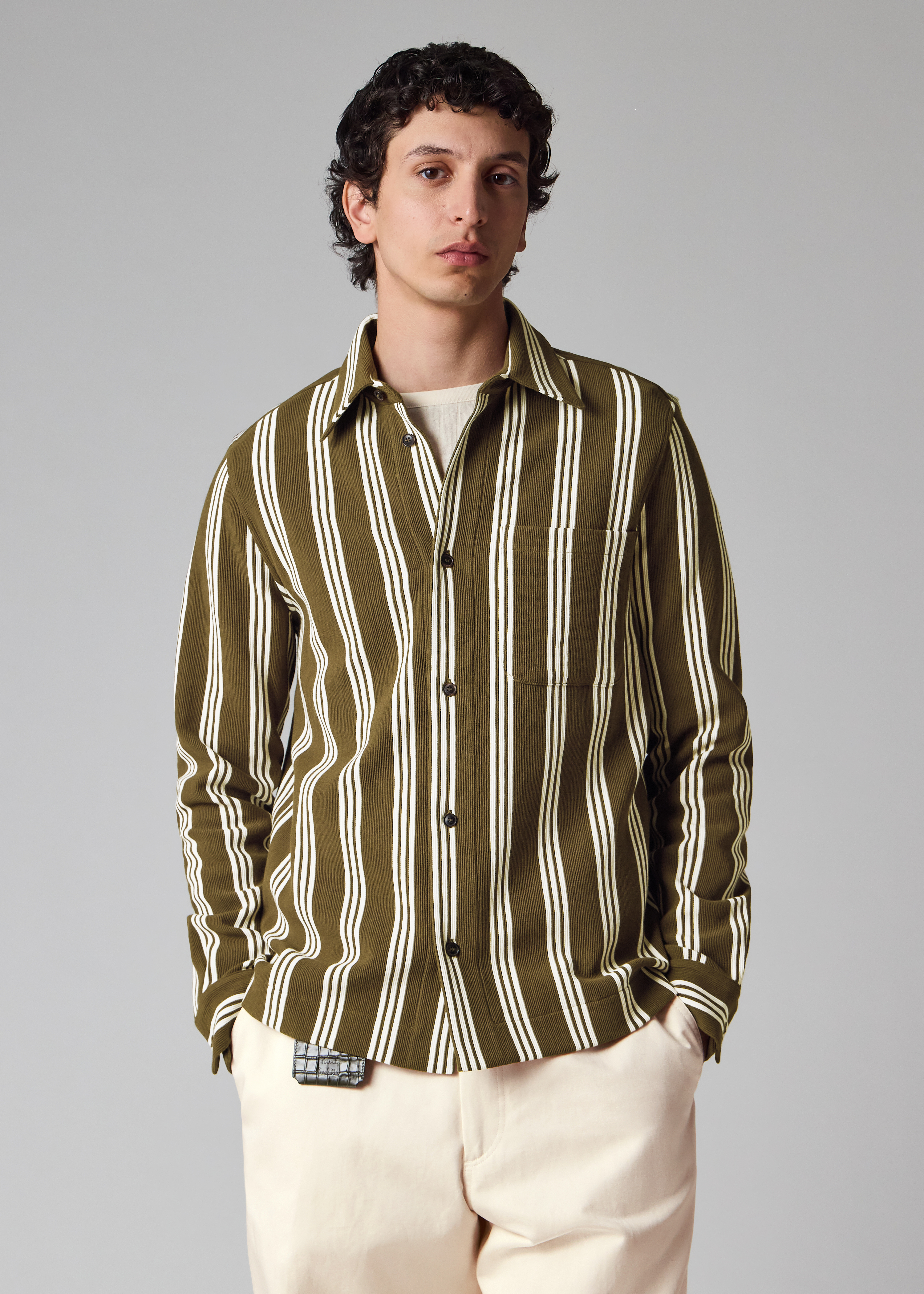 Khaki Cotton-Blend Jersey Stripe Shirt