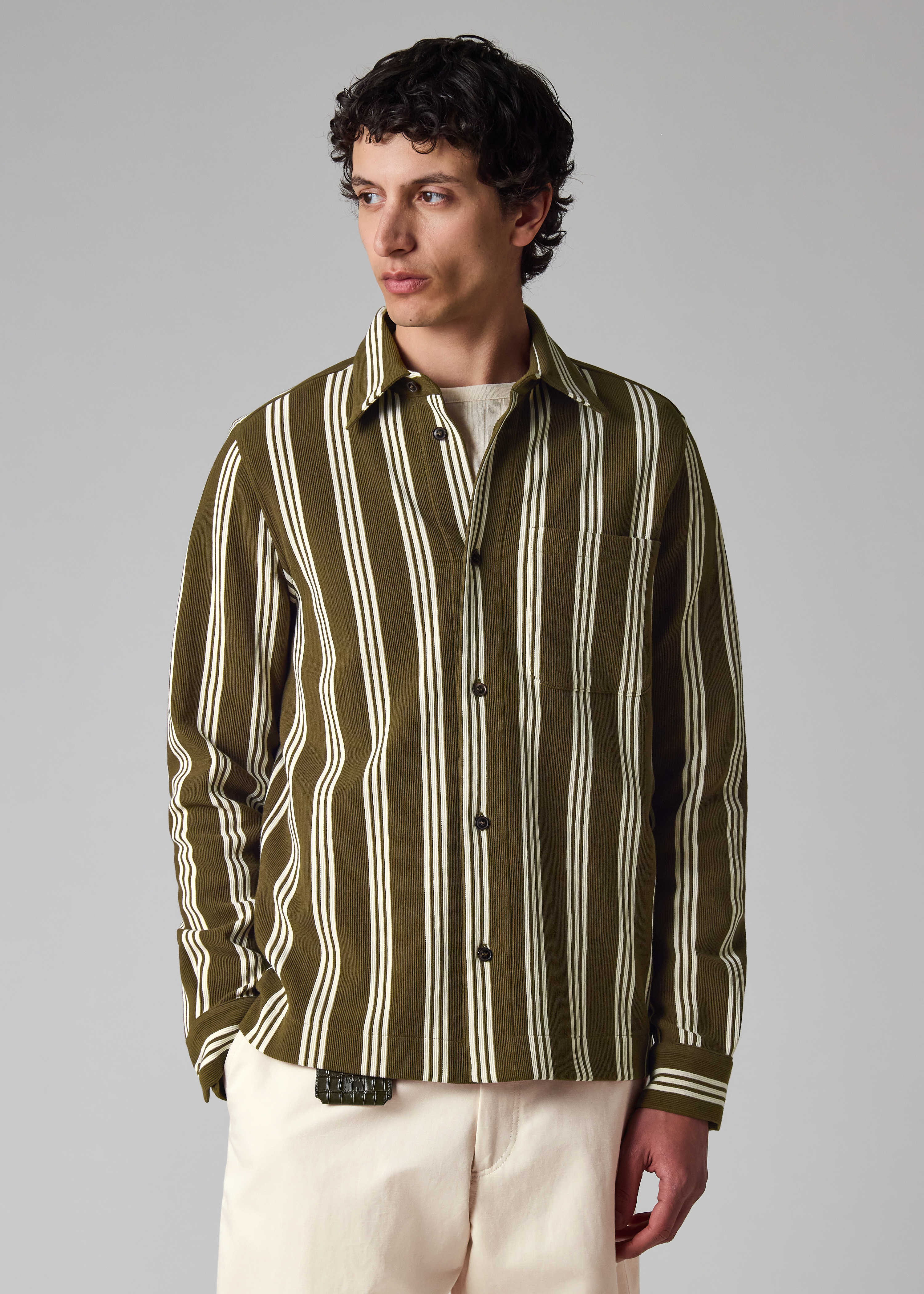 Khaki Cotton-Blend Jersey Stripe Shirt