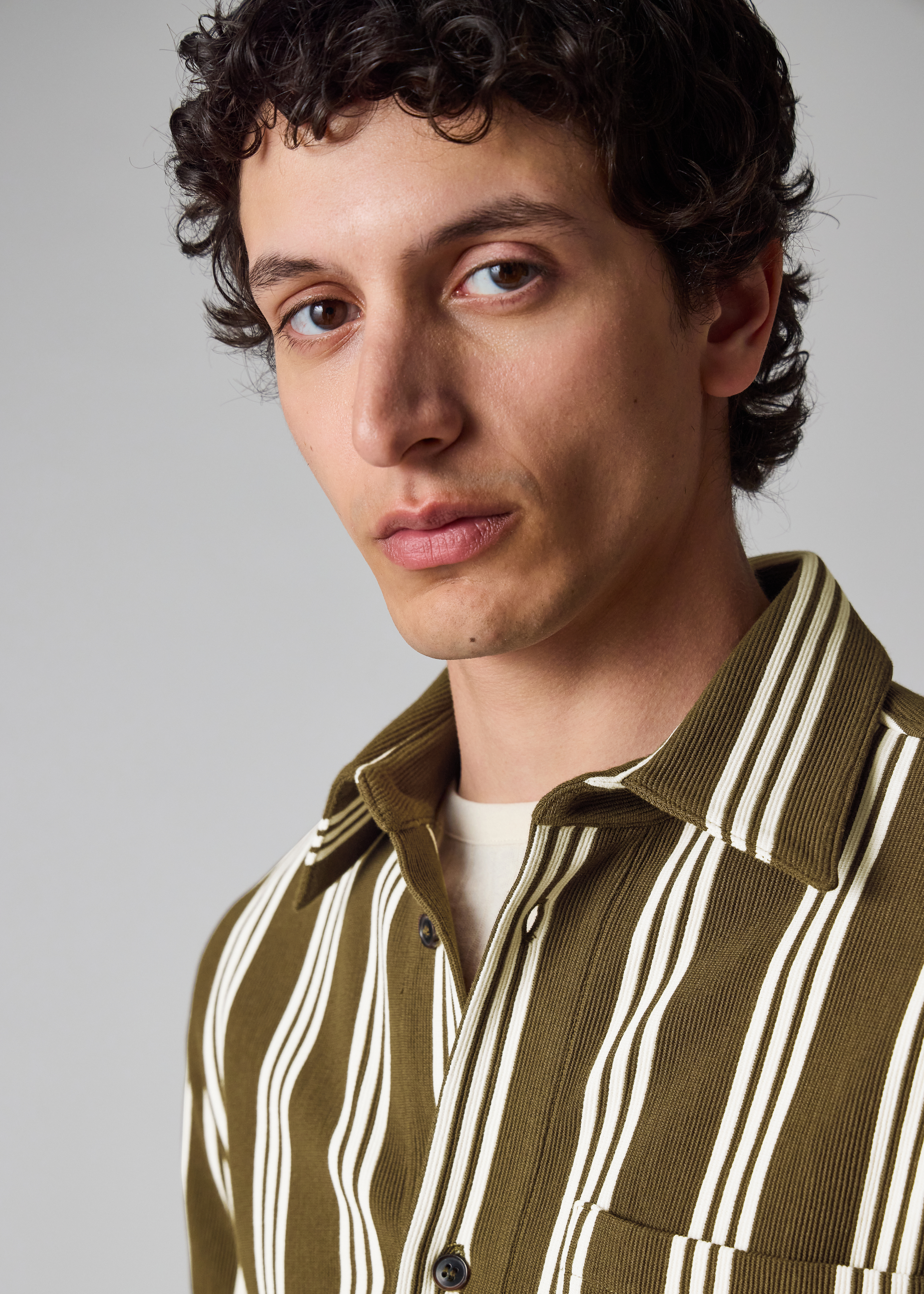 Khaki Cotton-Blend Jersey Stripe Shirt