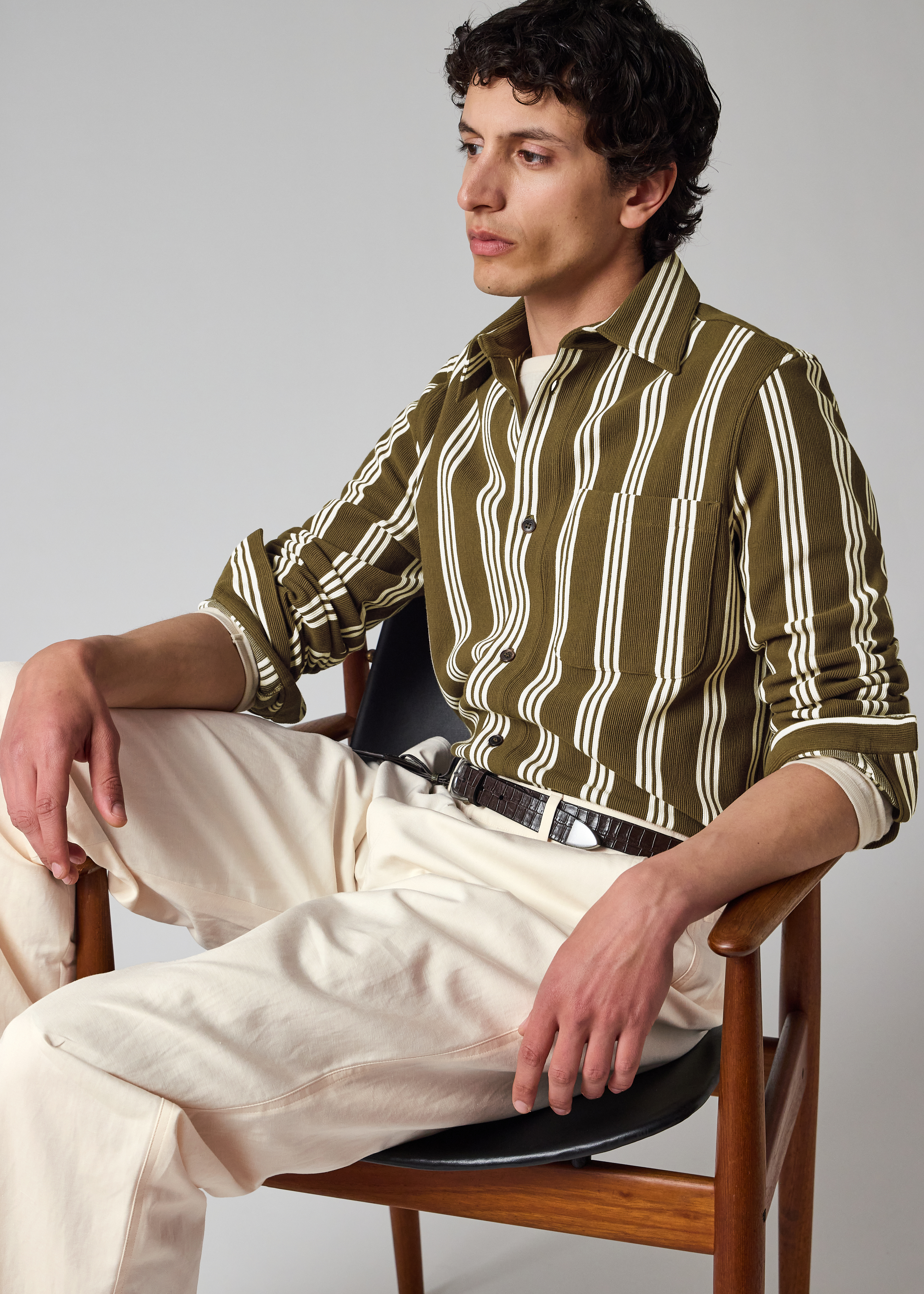 Khaki Cotton-Blend Jersey Stripe Shirt