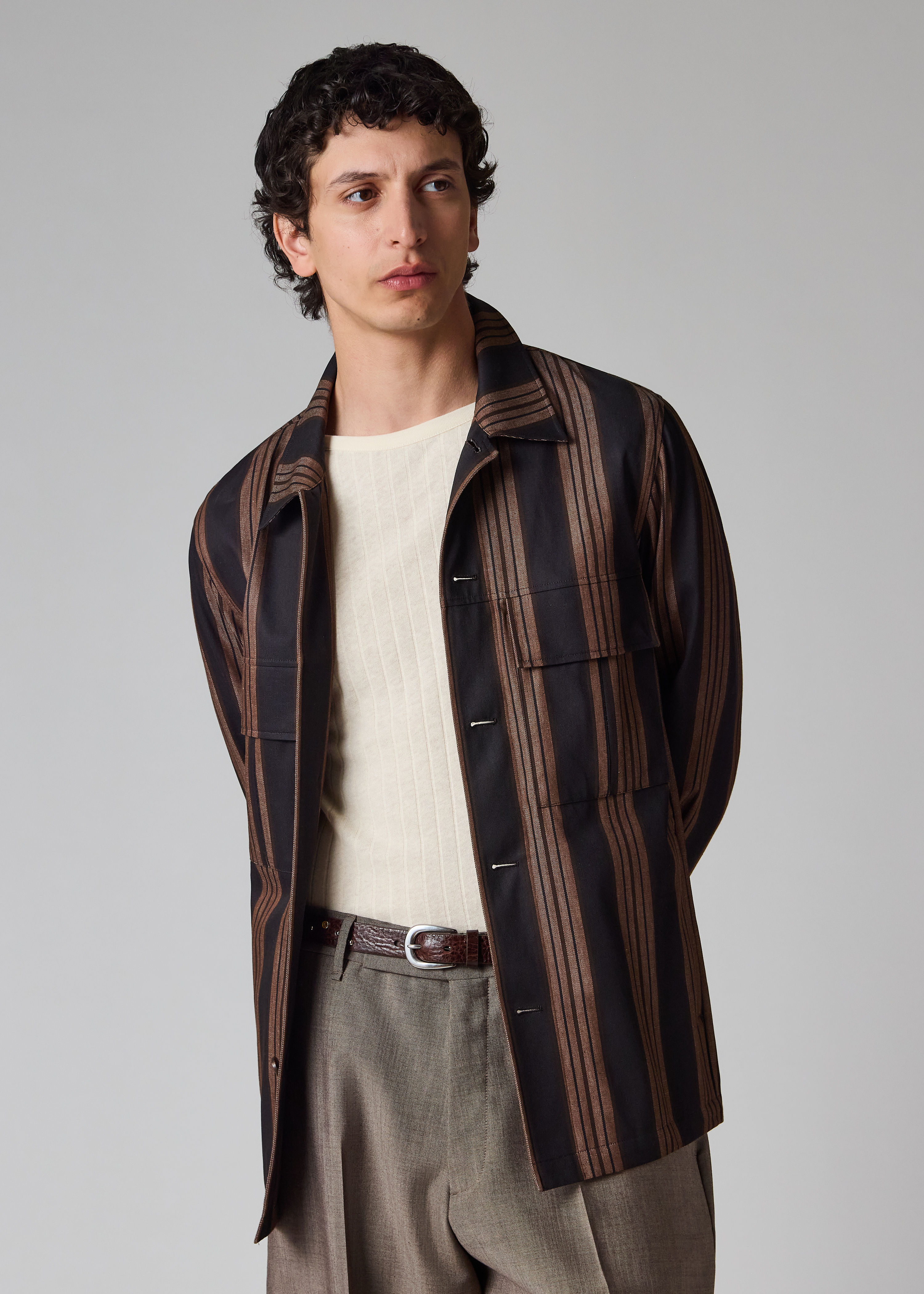 Brown Stripe Cotton Double-Pocket Overshirt