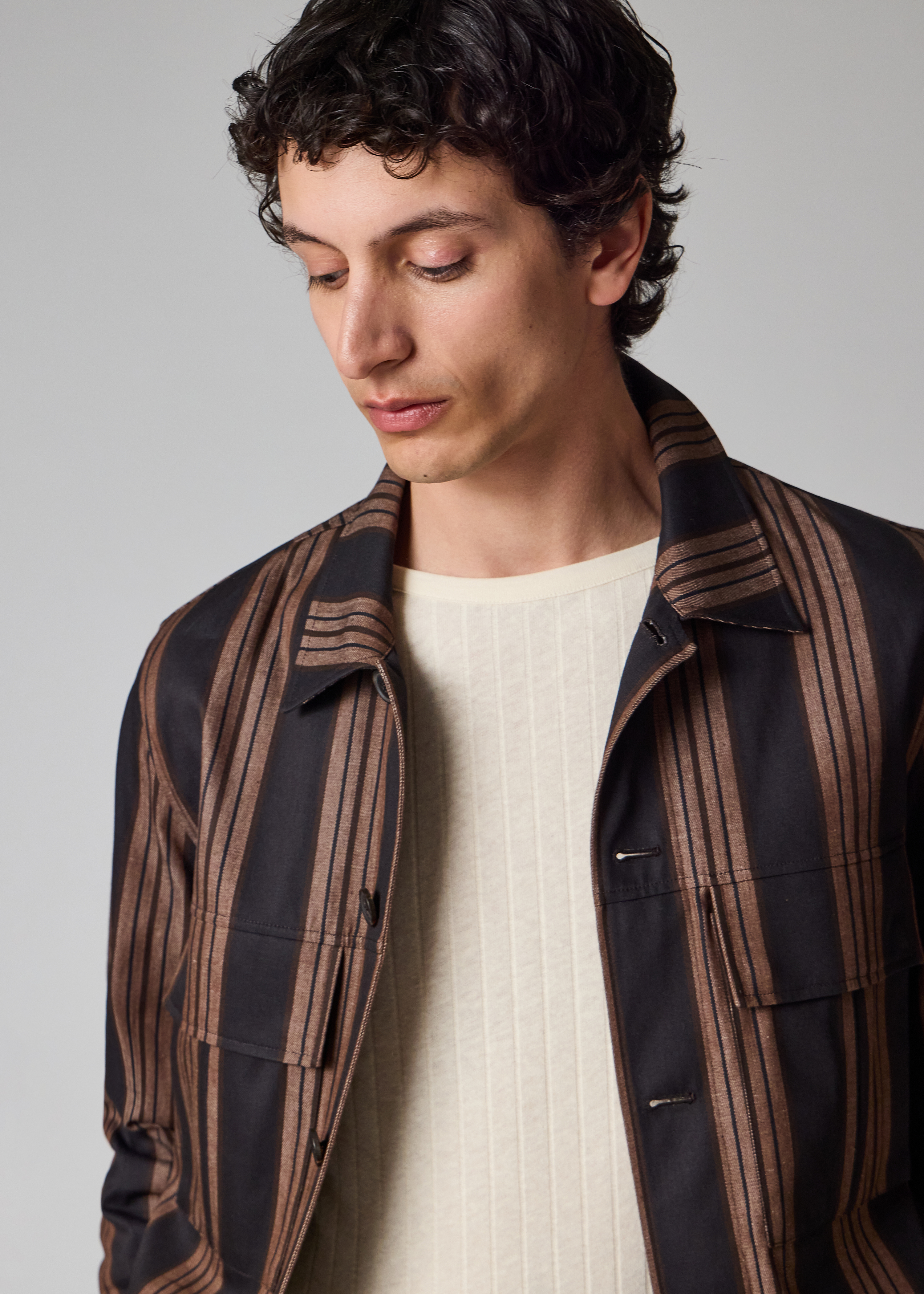 Brown Stripe Cotton Double-Pocket Overshirt