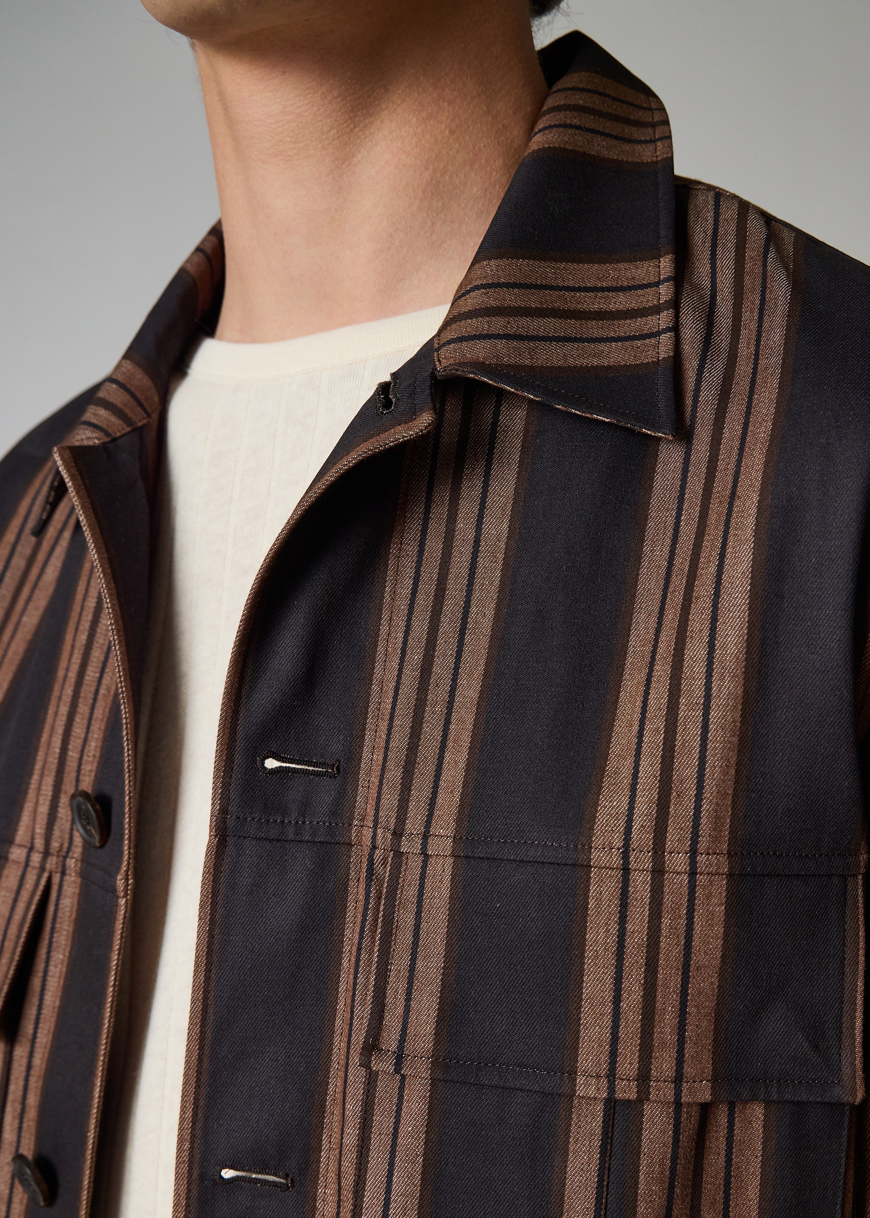 Brown Stripe Cotton Double-Pocket Overshirt