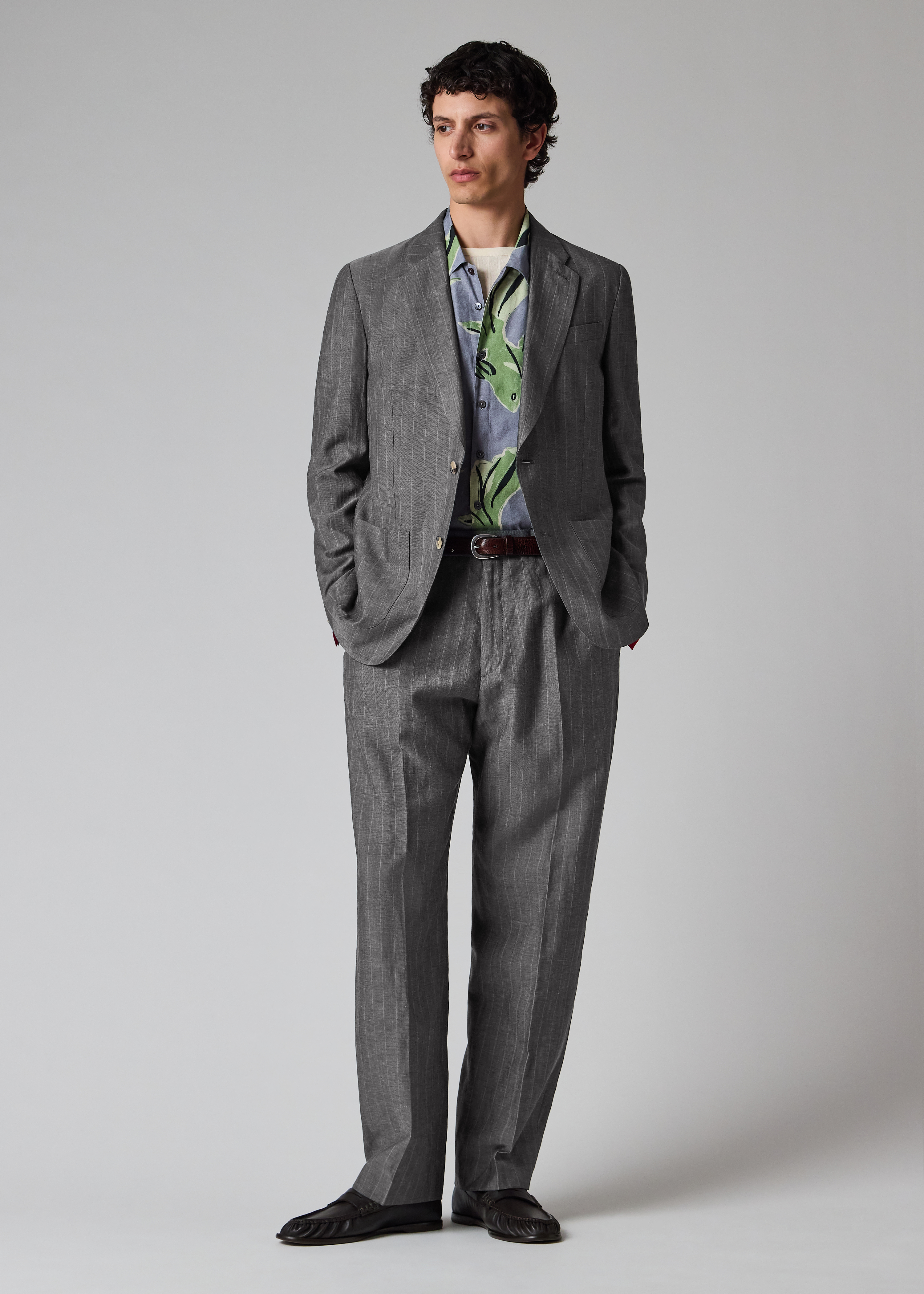 Grey Wool-Linen Pinstripe Buggy-Lined Blazer