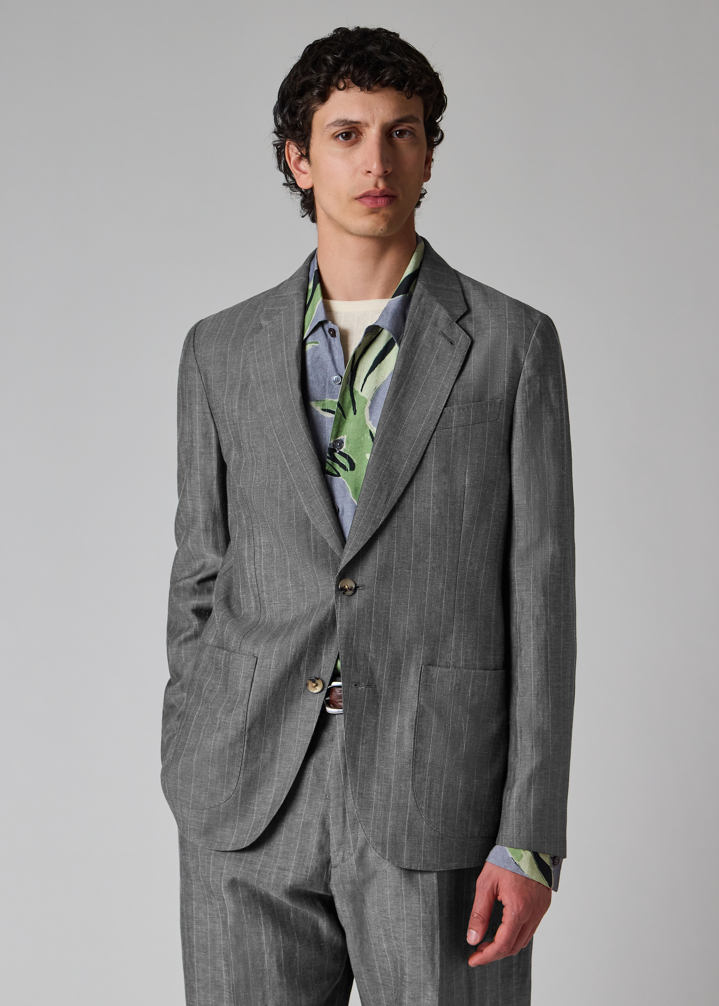 Grey Wool-Linen Pinstripe Buggy-Lined Blazer