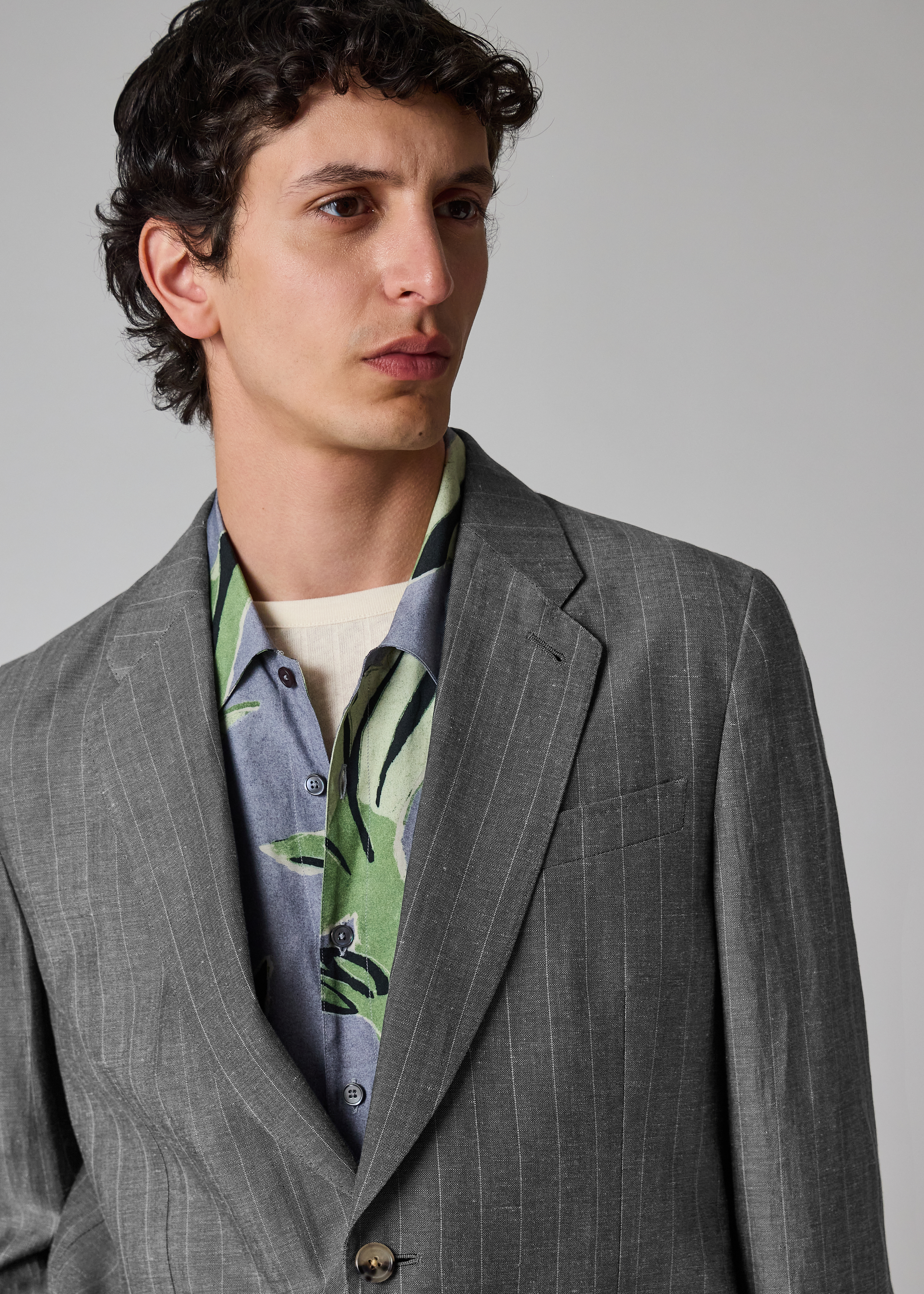 Grey Wool-Linen Pinstripe Buggy-Lined Blazer