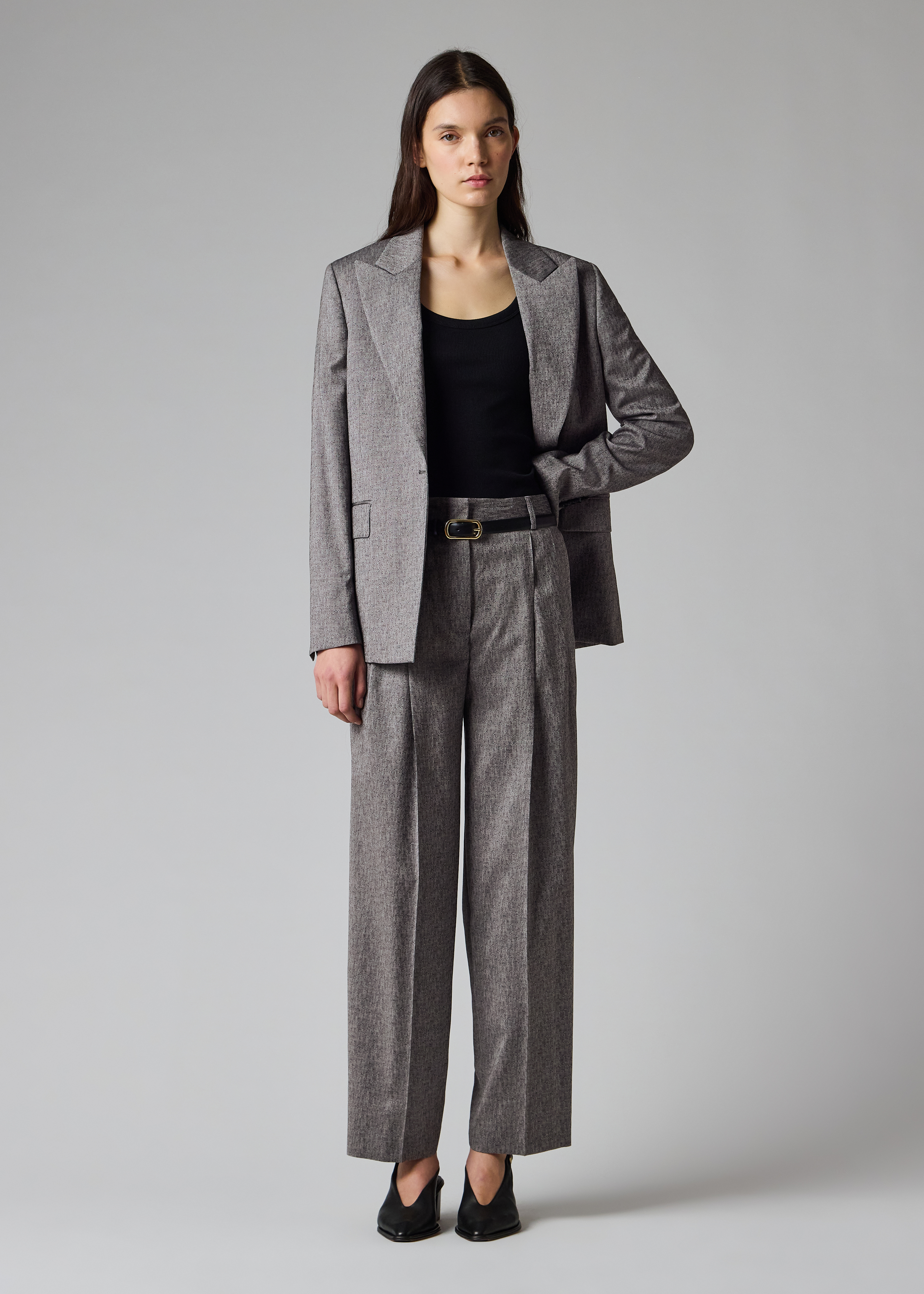 Women's Grey Textured Wool Pleated Trousers