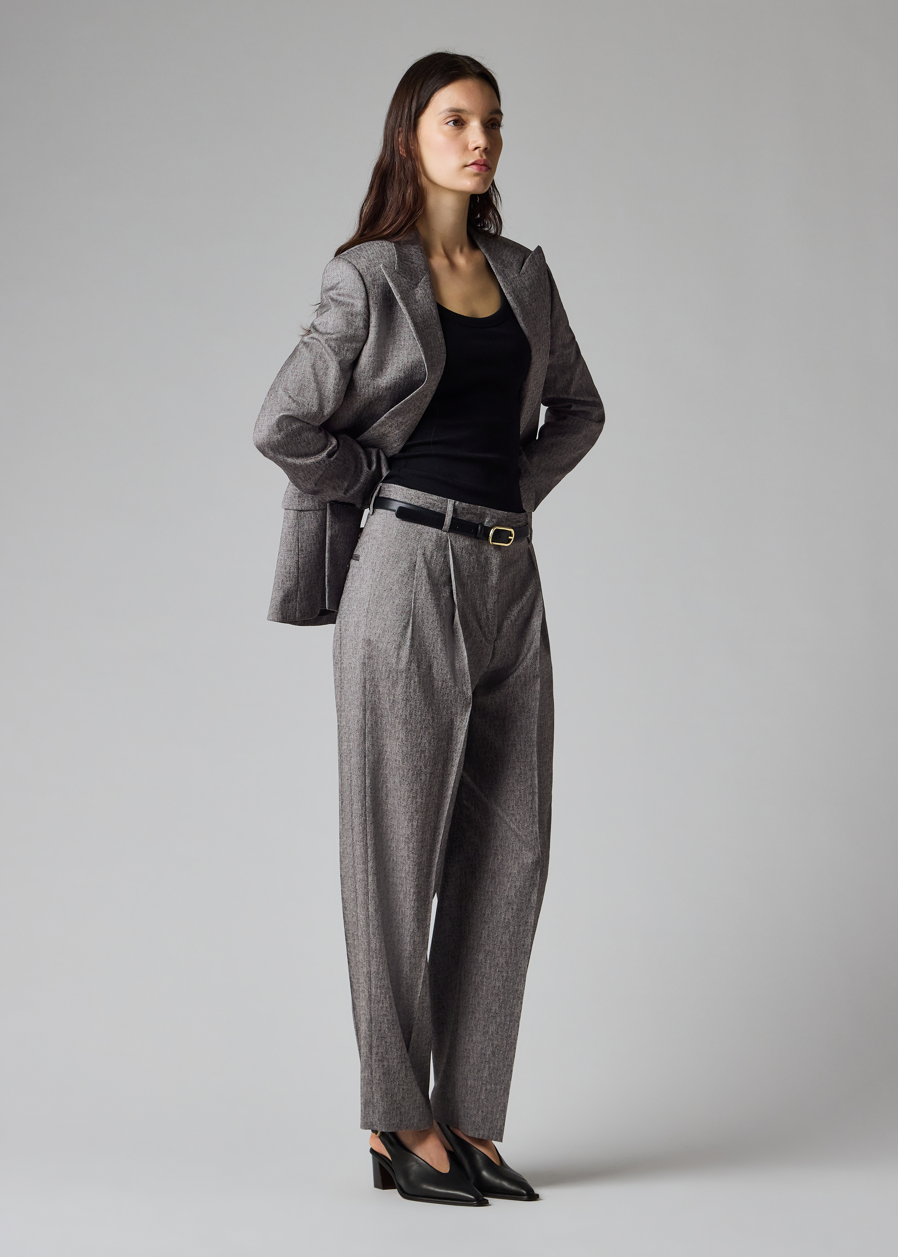 Women's Grey Textured Wool Pleated Trousers