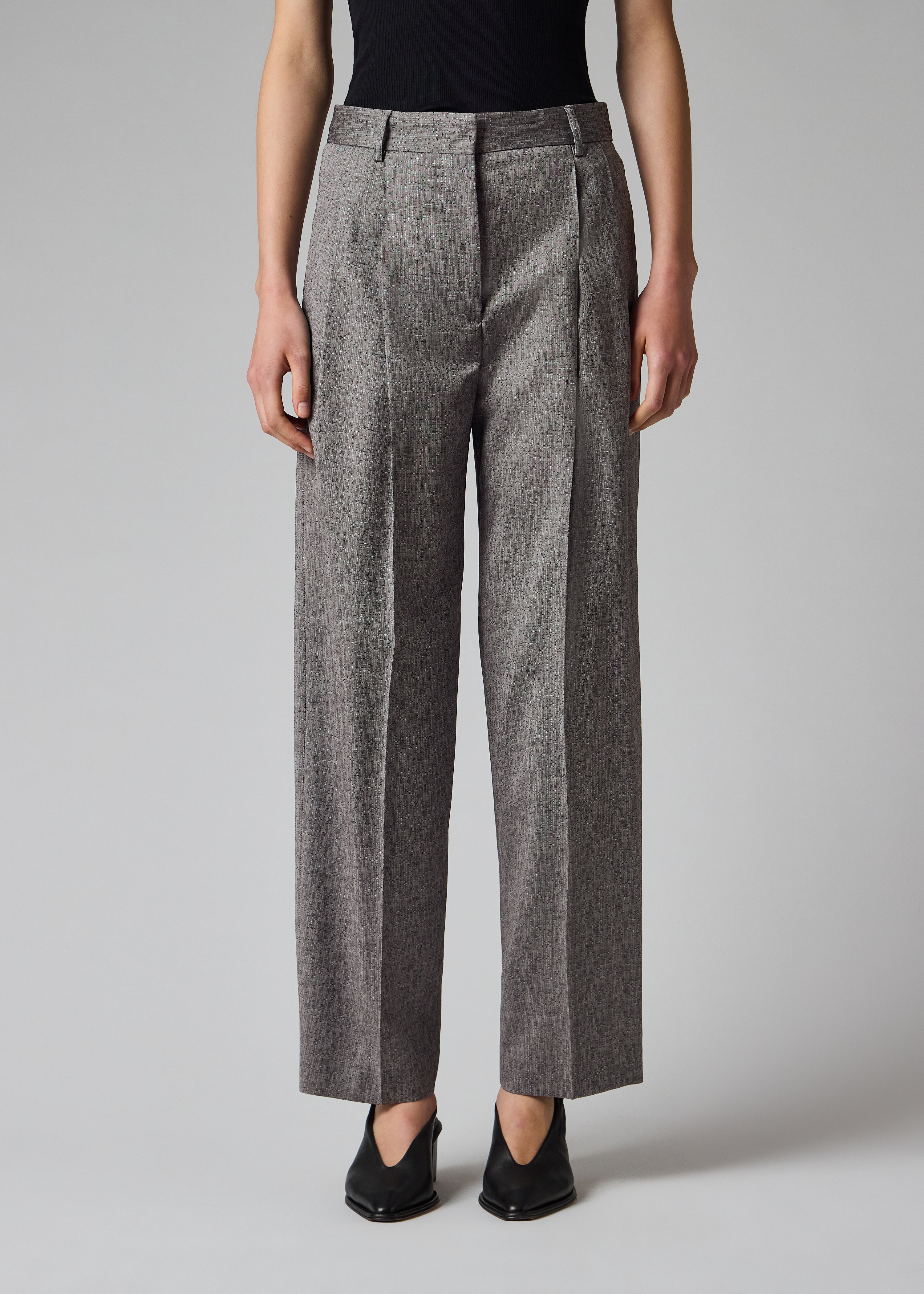 Women's Grey Textured Wool Pleated Trousers