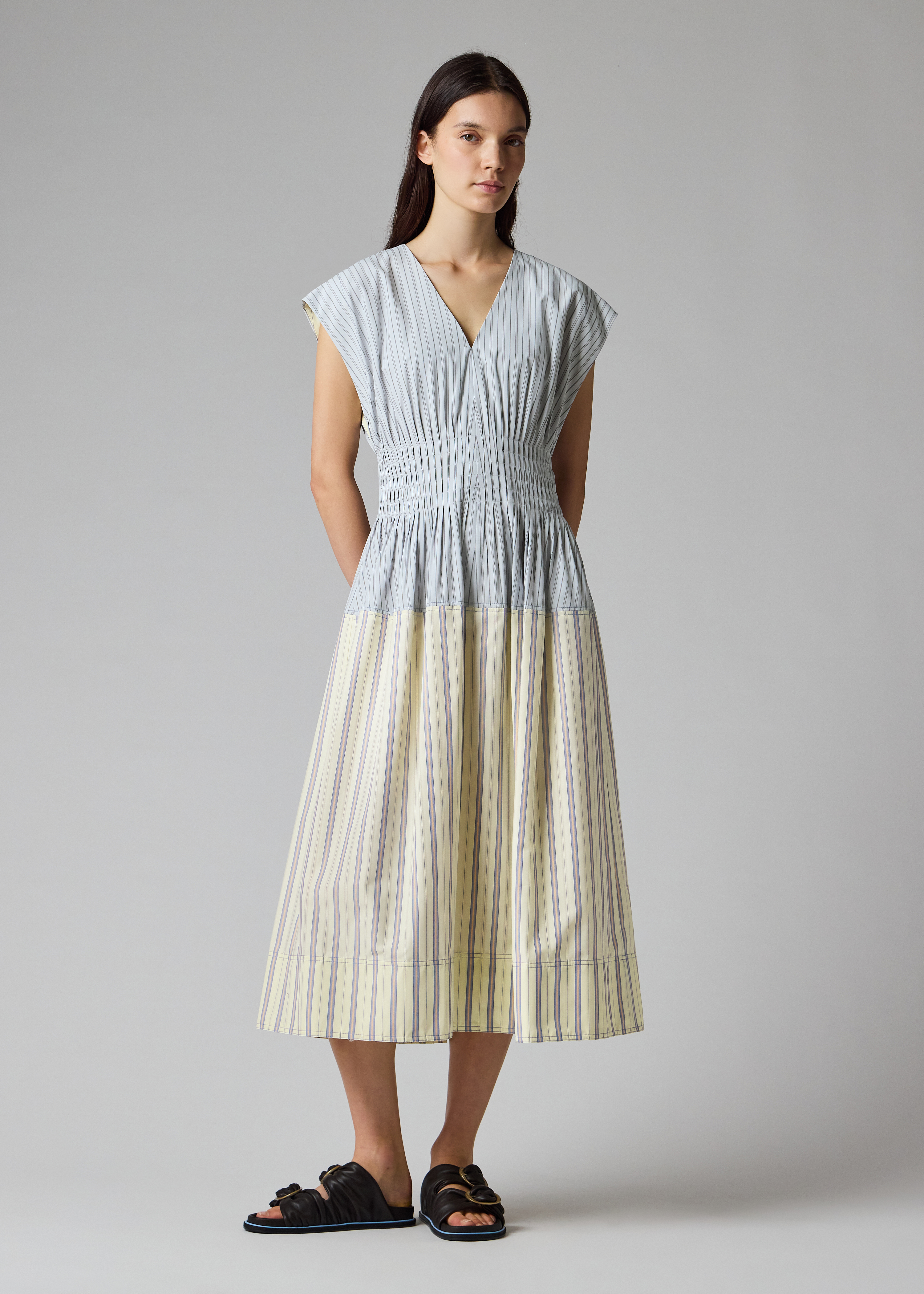 Women's Contrast Stripe Shirred Midi Dress